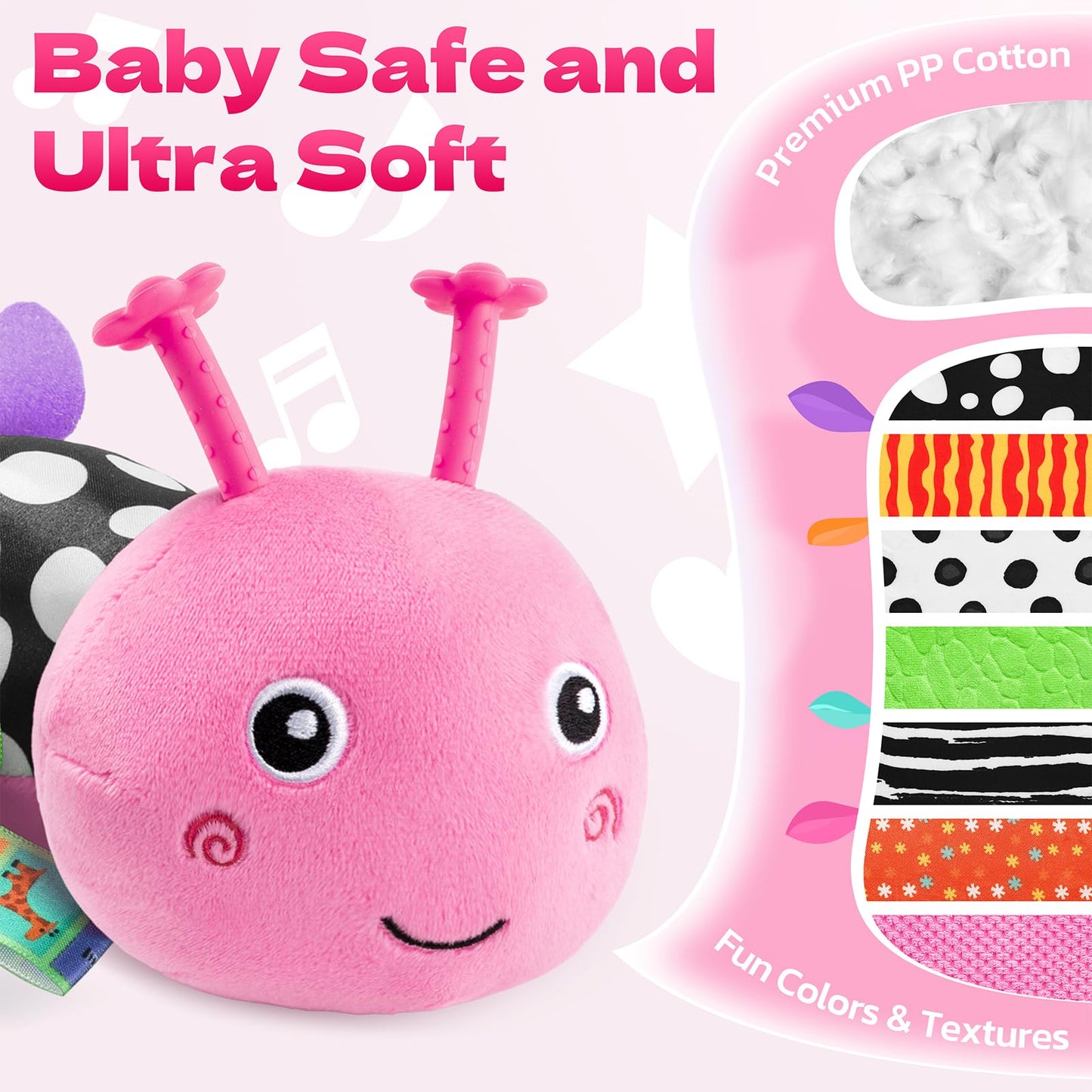 HEMRLY Baby Sensory Toy 0-6 Months, Musical Stuffed Caterpillar Plush with Teether, Crinkle, Rattle, Baby Mirror for Tummy Time, Infant Car Seat Toy for 0-3-6-12 Month Boys Girls Gifts - Winged Pink