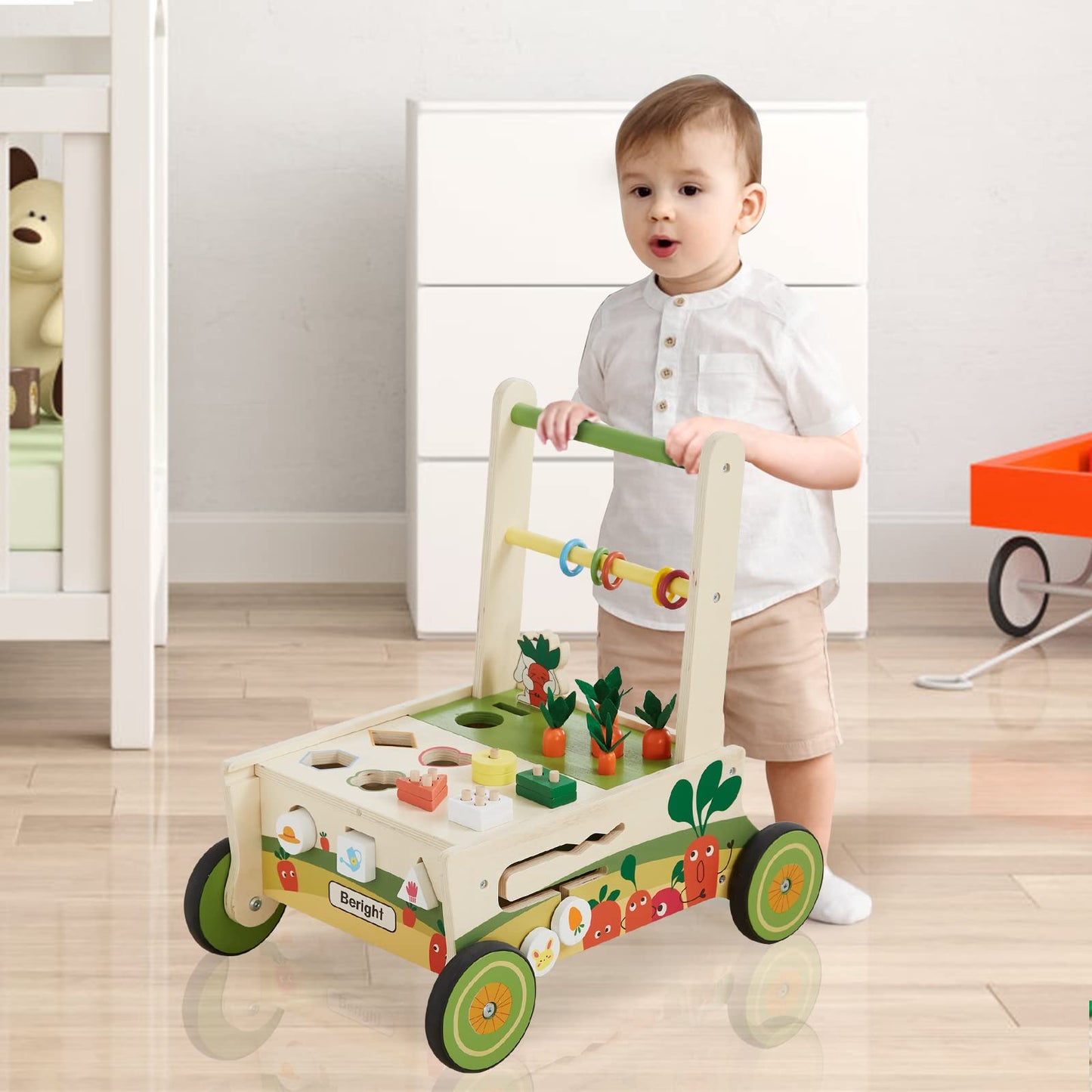 Beright 12-in-1 Wooden Baby Walker, Toddler Activity Center Toys, Wooden Baby Push and Pull Toys, Baby Push Walker, Multiple Play, Develops Motor Skills & Stimulates Creativity, Upgraded