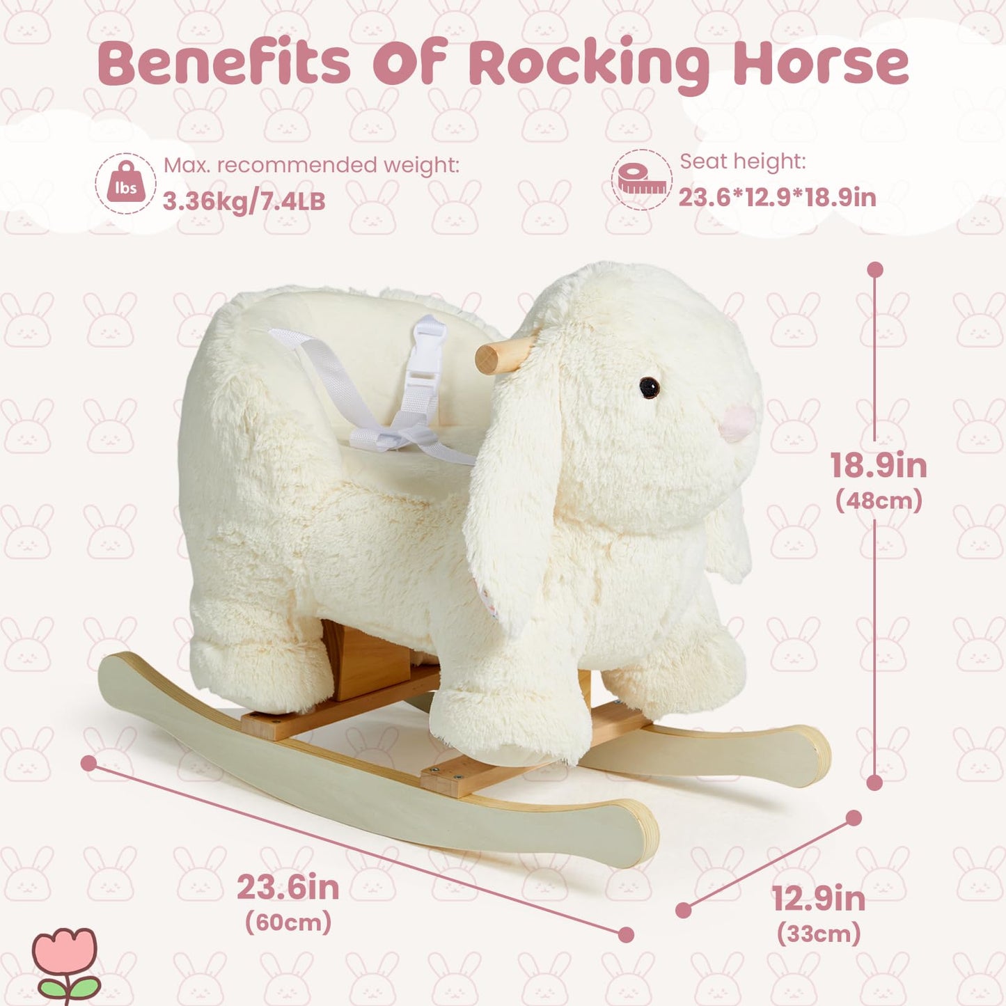 labebe Baby Rocking Horse, Plush Rabbit Animal Rocker, Wooden Rocking Horse with Seat Belt, Kid Ride On Toy for 12M+ Baby Girls, Nursery Birthday