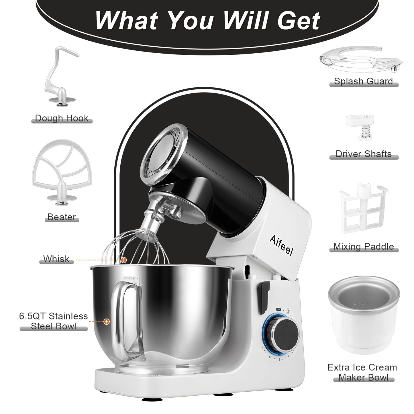 Aifeel Stand Mixer, 6.5QT Mixer with Ice Cream Maker Attachments, Kitchen Electric Mixer Multifunctional Bread Dough Mixer with Dough Hook,Whisk & Beater, Food Mixer for Baking (Black-White)
