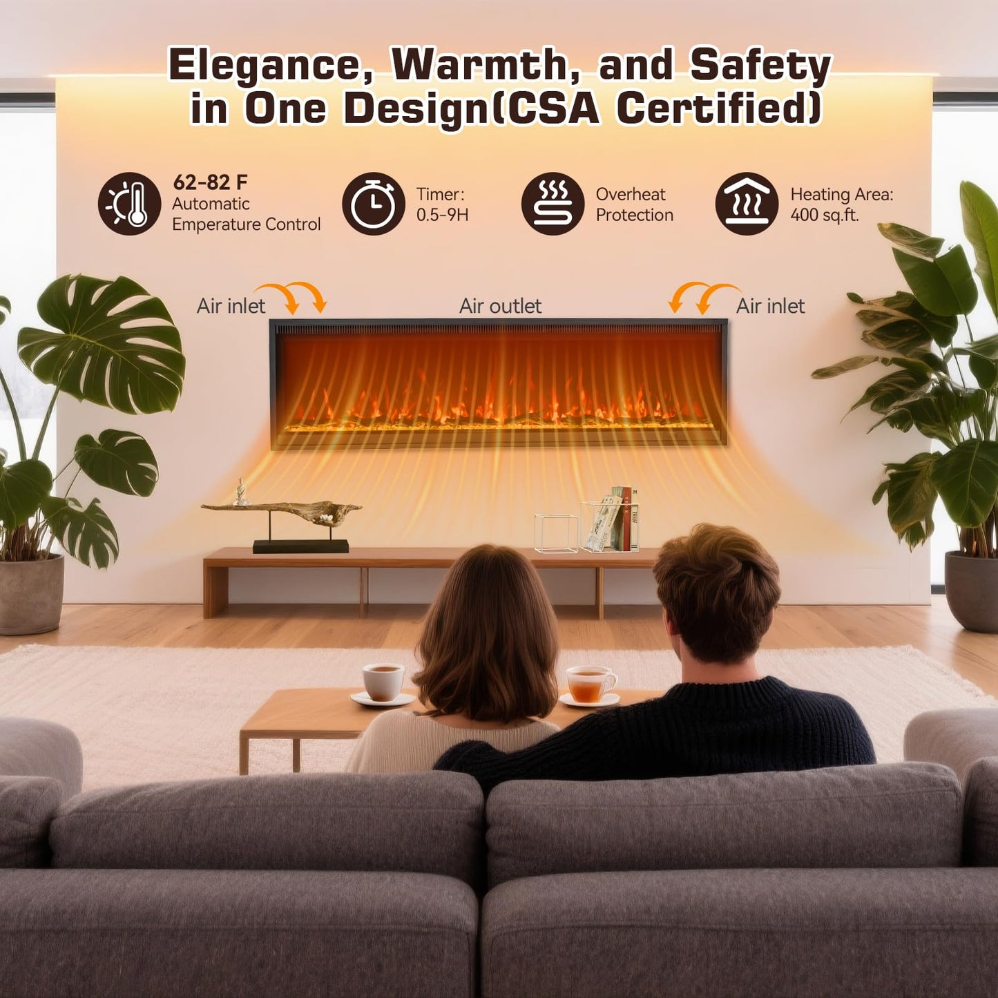 40" Linear Electric Fireplace Heater Insert: Ultra-Narrow Frame Wide Screen, 13 Flame & Ember Colors, 3 Top Light Colors. Wall Mount/Recessed,1500W/750W with Remote & Touch Control, Log & Crystal Set