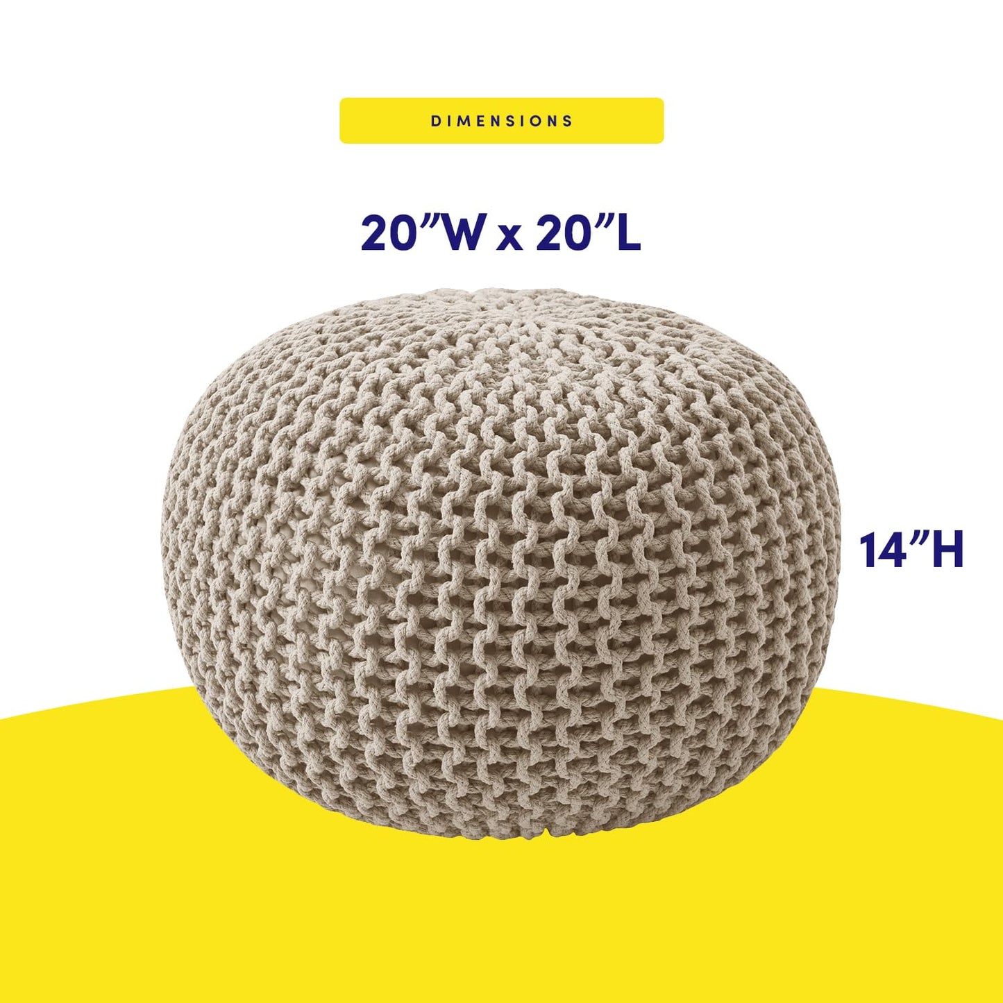 Pouf Ottoman Foot Rest Stuffed – 20” Diameter x 14” Tall Cozy Floor Pouf for Living Room, Bedroom, Nursery & More – 100% Cotton Knit Shell, EPS Bead Filled Footrest & Accent Chair, Beige