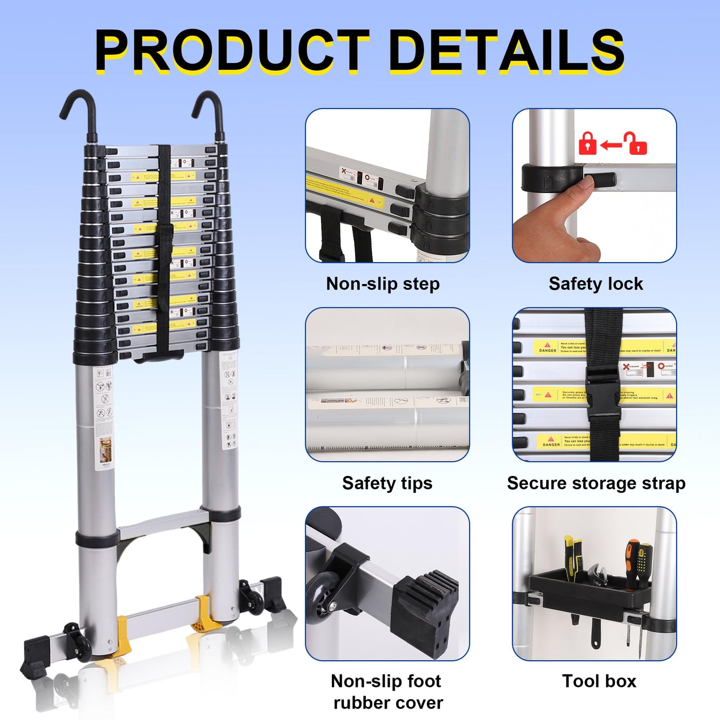 Dajianglx 26.2 FT Telescoping Ladder, Lightweight Multi-Purpose Aluminum Extension Ladder w/Tool Tray Stabilizer and Non-Slip Feet, Telescopic Extendable Ladder for Home, RV, Roof and Outdoor Work