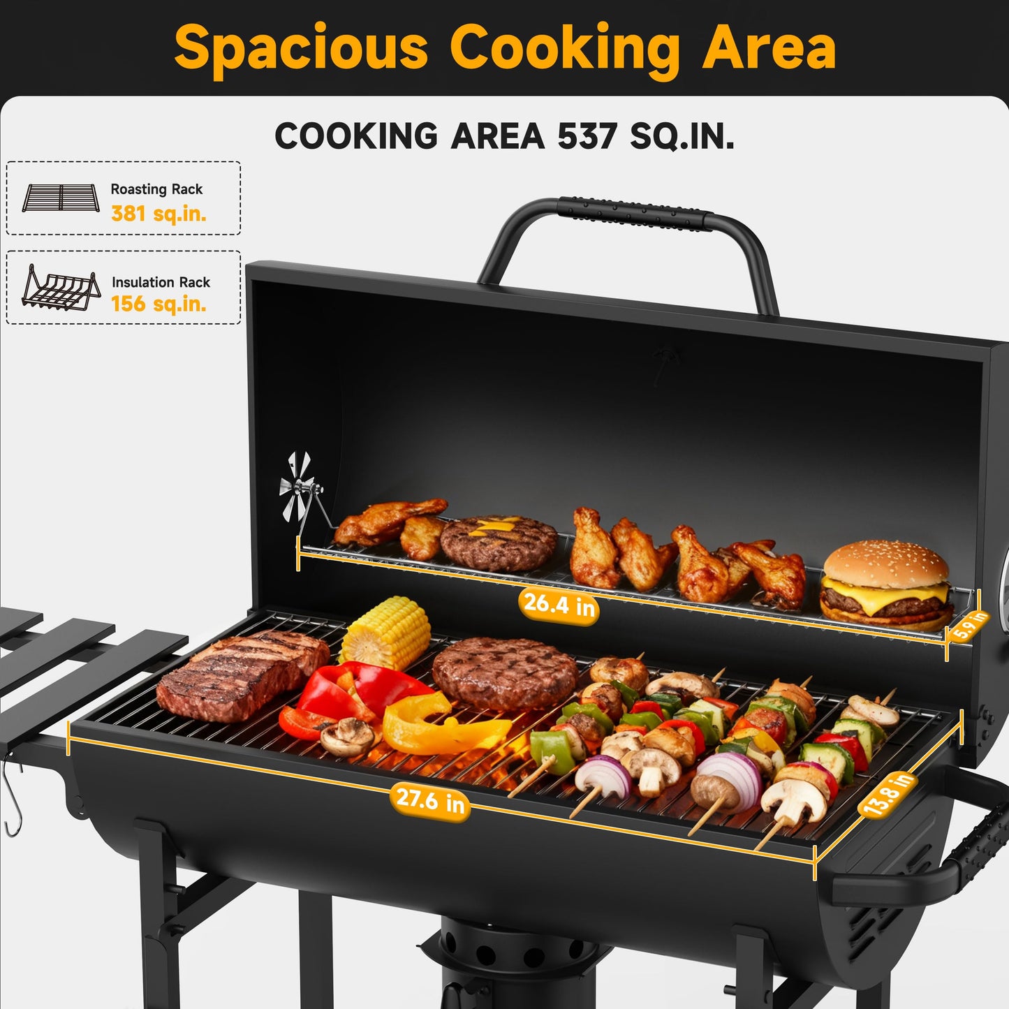 KOBENDA 29" Barrel Charcoal Grill, Spacious Smoker Barrel Barbecue Grill with Side Front Table, Outdoor Barbecue Grills for Backyard, Camping, and Picnics, Black