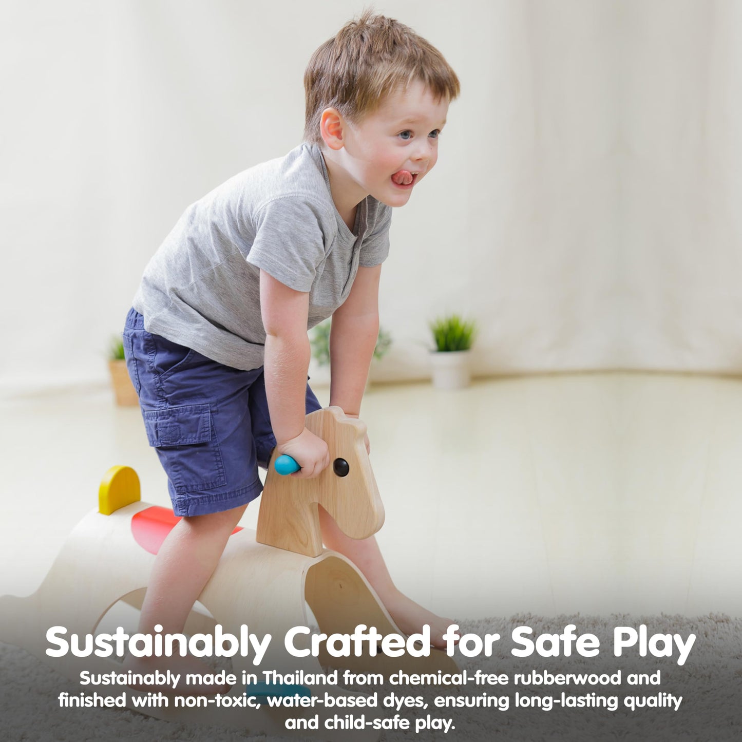PlanToys® Classic Wooden Palomino Rocking Horse for Toddlers | Eco-Friendly Montessori Ride-On Toy for Balance, Strength & Coordination | Sustainable Rubberwood Construction