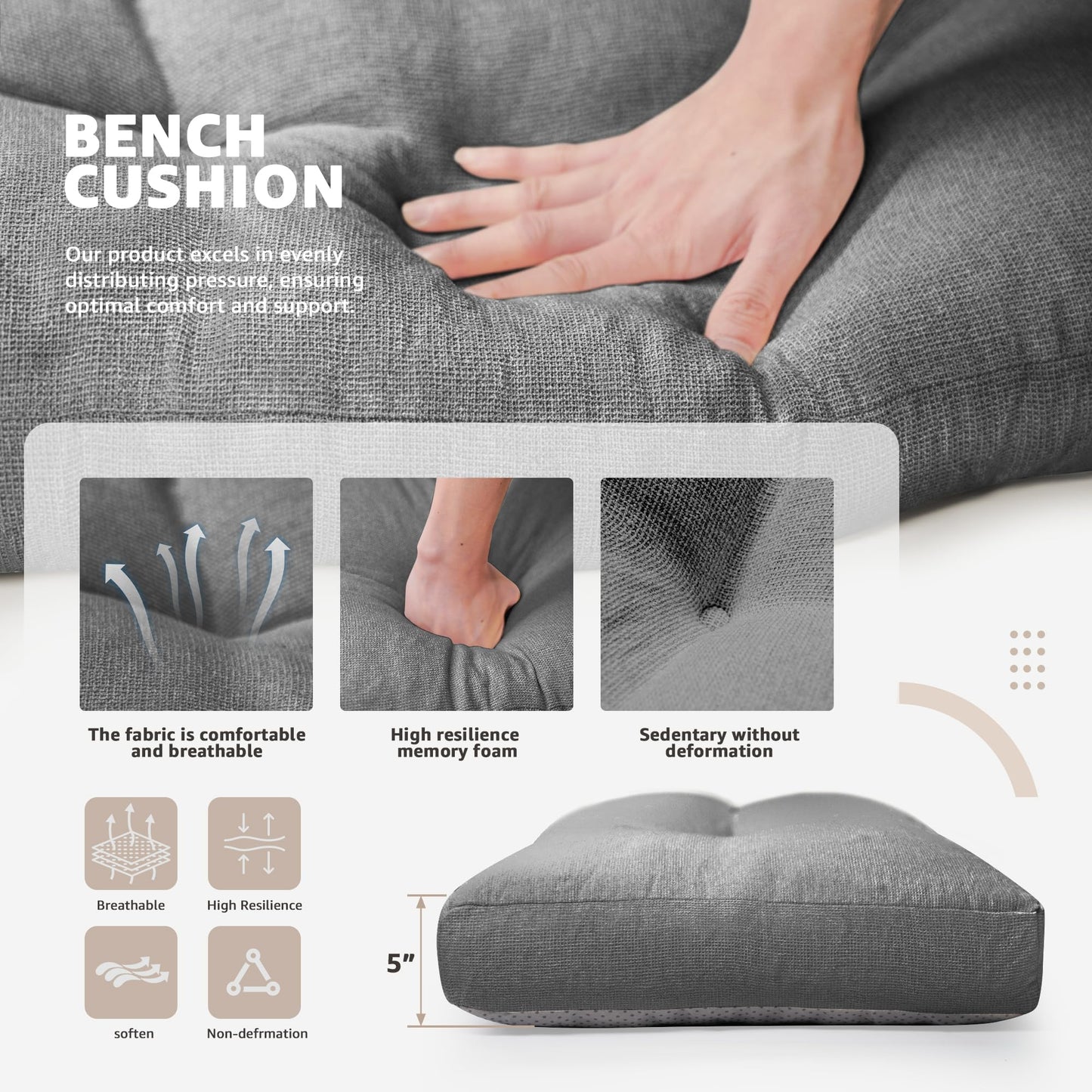 DANGHOOGY Indoor Bench Cushions, Tufted High-Density Foam Cushions for Indoor Furniture, Soft Bench Seat Cushion with Non-Slip Bottom, 36" X 14" X 4 (Grey)