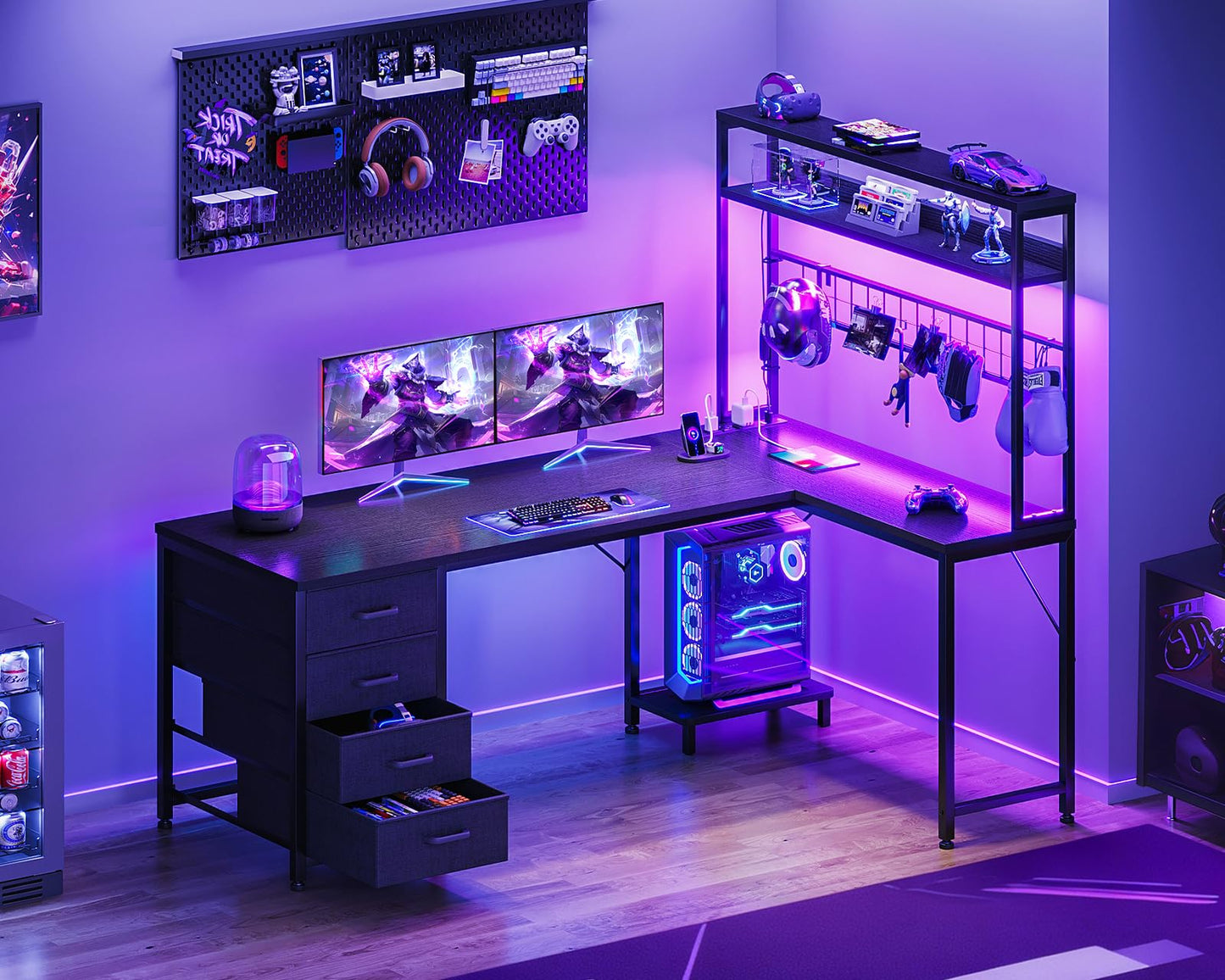 AODK L Shaped Gaming Desk with 4 Drawers, 59" Reversible Computer Desk with Hutch and Shelves, Gamer Desk with LED Lights, Power Outlets, Home Office Corner Desk with Gird Pegboard, Black