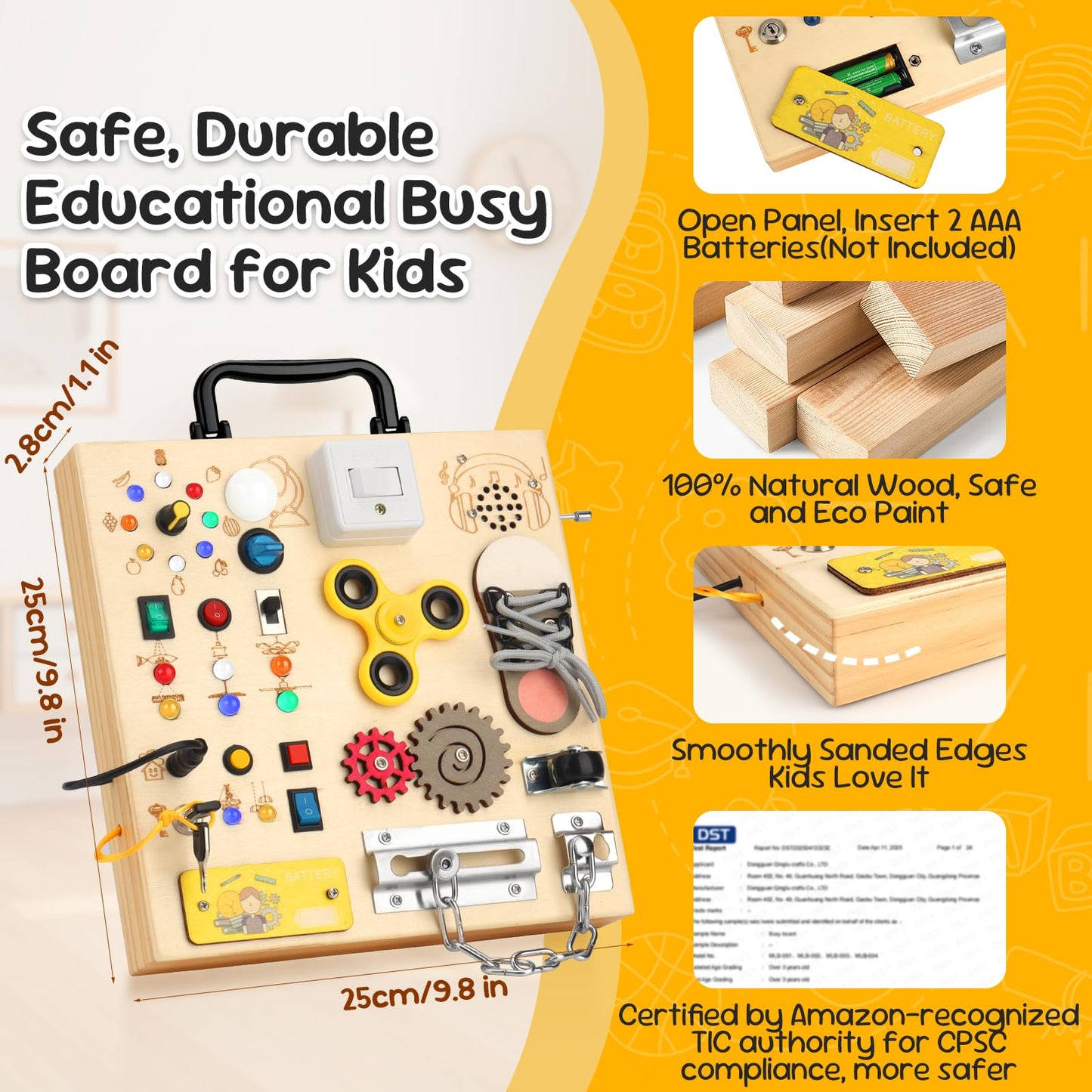 Wooden Busy Board with LED Light,Montessori Baby Learning Toys for Toddlers , Sensory Activity Board , Travel Educational Toy Boy & Girl Birthday Gift (Black Handle)