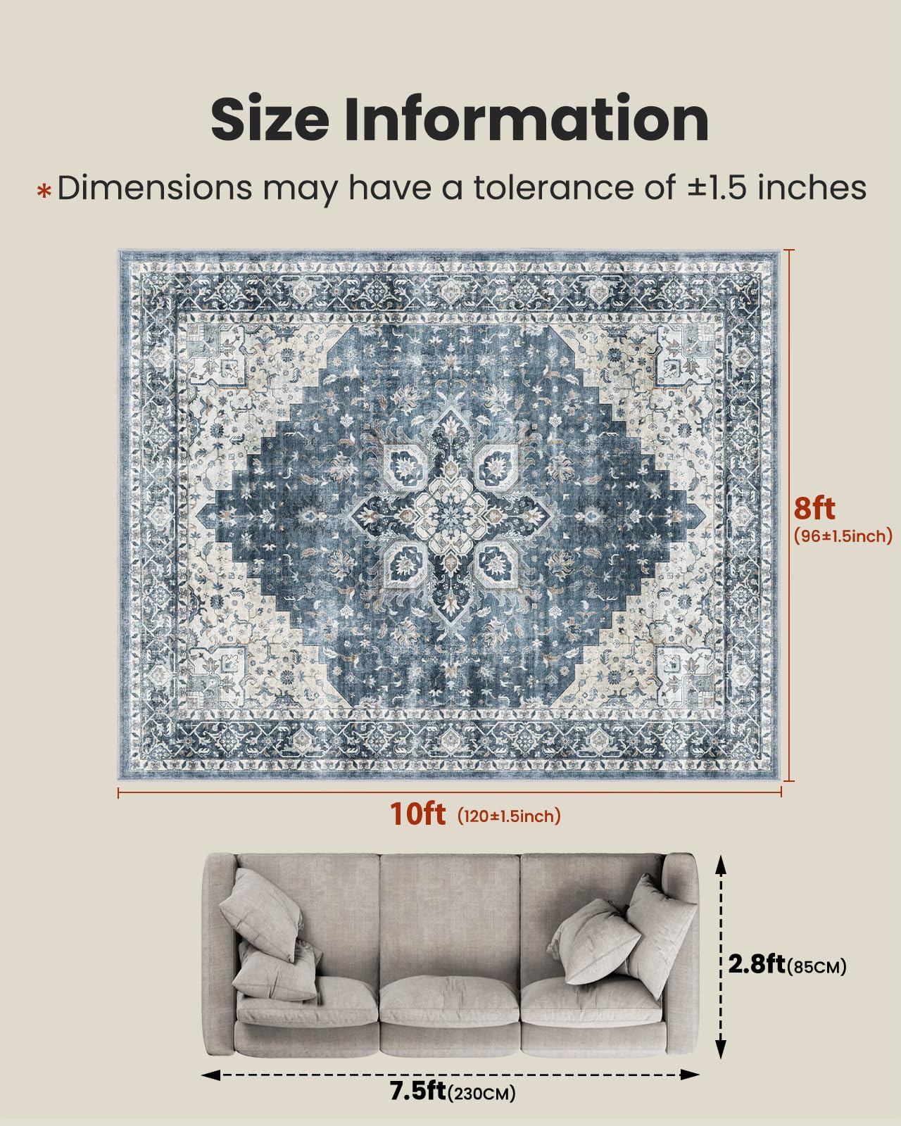 AMADA HOMEFURNISHING 8x10 Washable Area Rug, Low-Profile with Non-Slip Backing & Durable Edge Binding, Vintage Large Rugs for Living Room, Bedroom, Dining Room, Blue