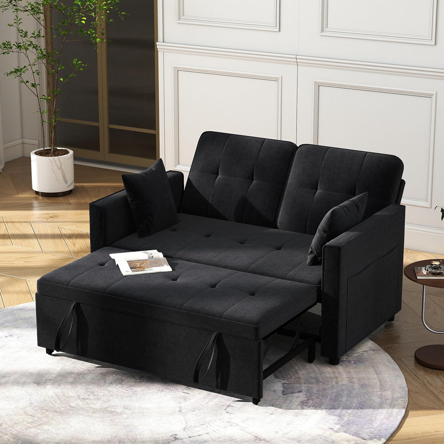 Nyvoral Loveseat Sleeper Sofa Bed Couch: Queen Sleeper Chair Pull Out Bed for Living Room, Black Velvet Couch Beds for Small Spaces, 3 in 1 Convertible Sofa with Armrests