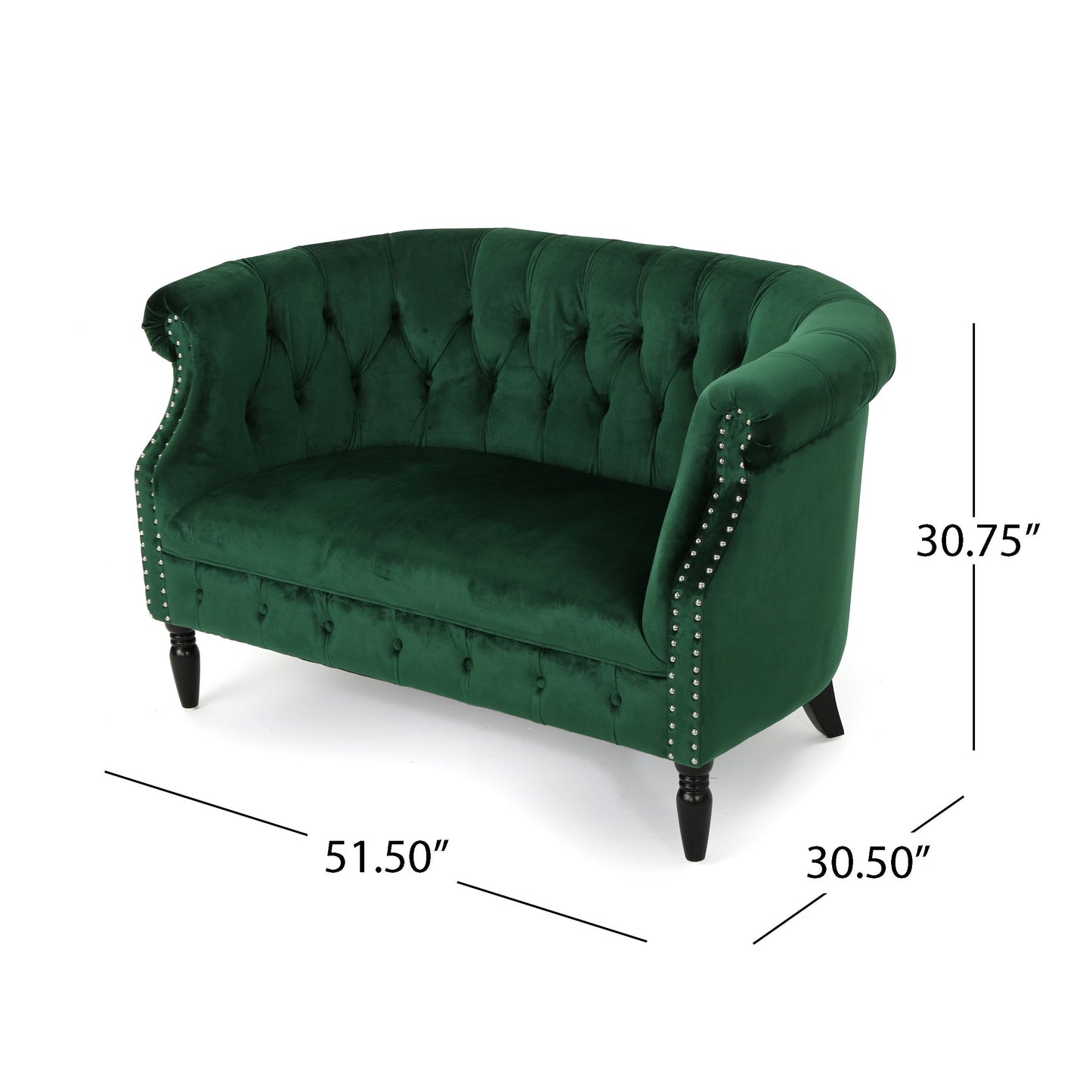 GDFStudio Melaina Tufted Chesterfield Velvet Loveseat with Scrolled Arms, Emerald and Dark Brown.
