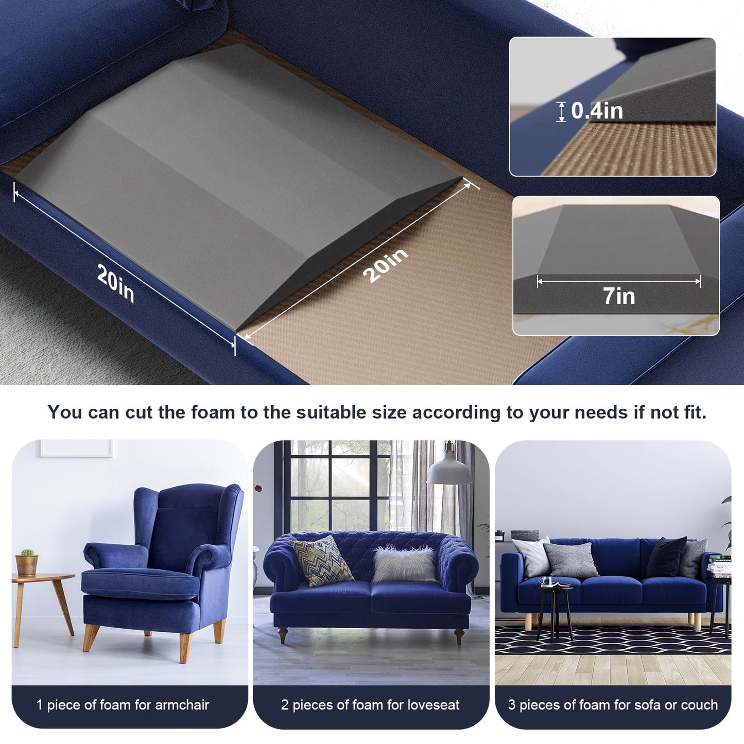 Sellmazon Couch Cushion Support for Sagging Seat - 20" x 20" High-Density Trapezoid 35D Foam Sofa Cushion Supports, Couch Supporter for Under The Cushions, Grey Set of 2