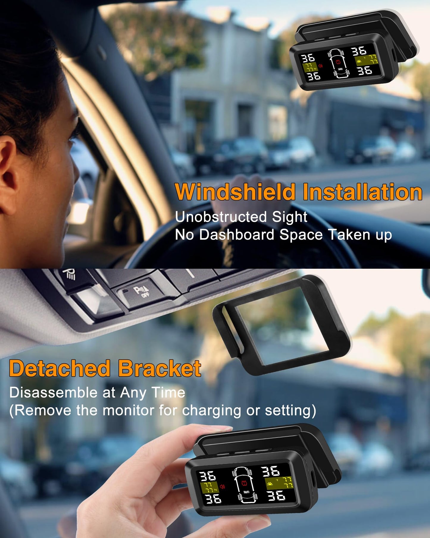 Tire Pressure Monitoring System Upgrade Detached Bracket Wireless Solar TPMS Tire Pressure Monitor Installed on Windowshield with 4 External Sensors Real-Time Display 5-87PSI for Car RV SUV MPV