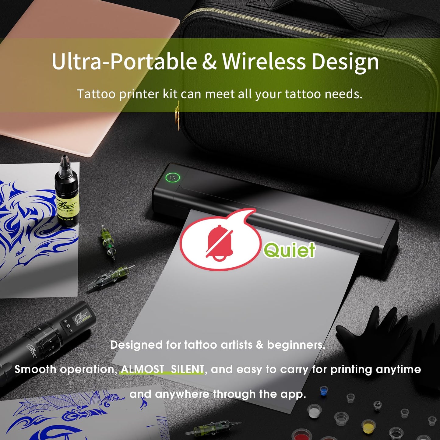 Filter Tattoo Stencil Printer Kit - Printer Machine with 7 Strokes 2.0-4.0mm Tattoo Gun Machine, Extra 1600mAh Power Supply, 20Pcs Tattoo Cartridge Needles for Beginners and Artists