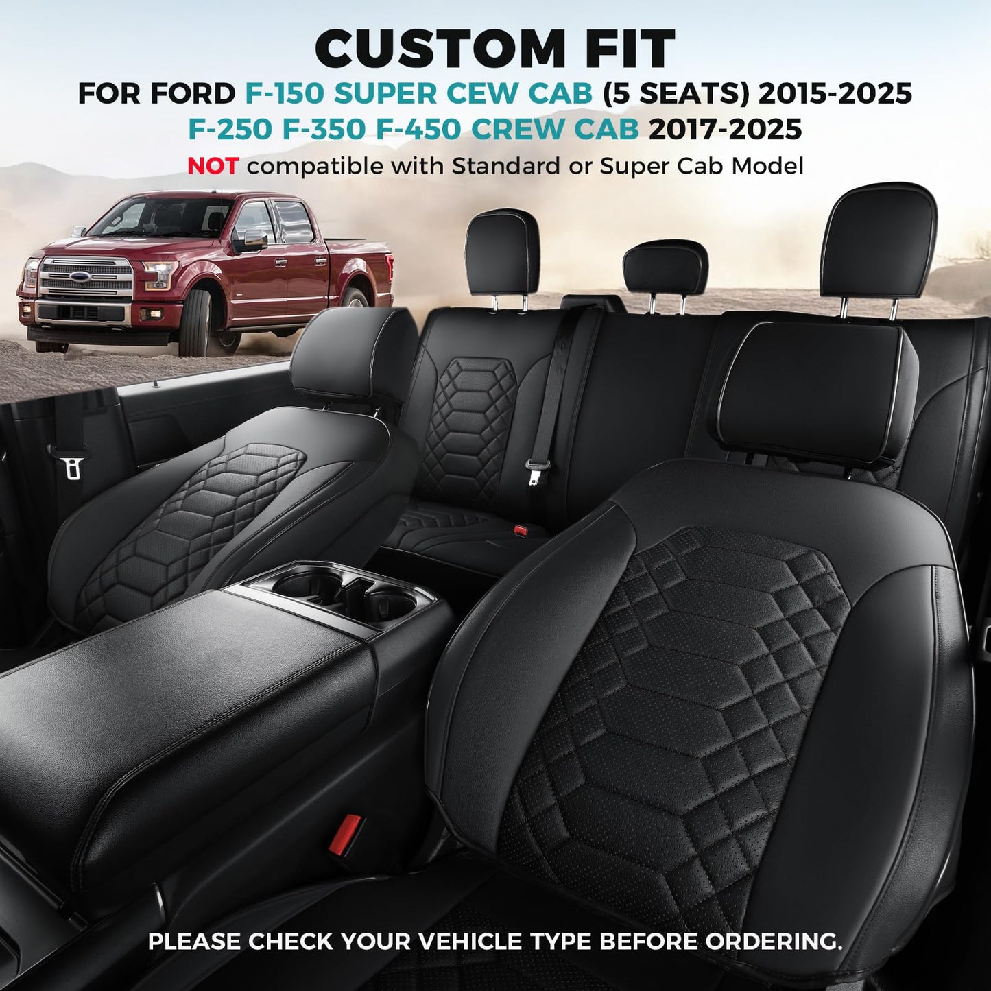 FEINEPRO F150 Seat Covers Full Set - Pickup Truck Seat Protectors for Ford 2015-2025 F150 SuperCrew & 2017-2025 F250/f350/f450 Super Duty Crew Cab, Durable Faux Leather Waterproof