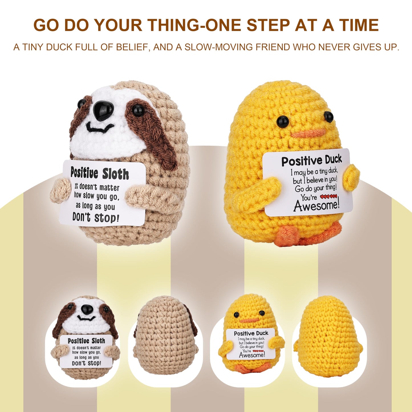 Ella & Emma 4PCS Cute Crochet Animal Dolls with Positive Cards, Easter Basket Stuffers for Teens, Handmade Emotional Support Gifts for Friends, Women & Men, Funny Desk Decor for Easter Birthday