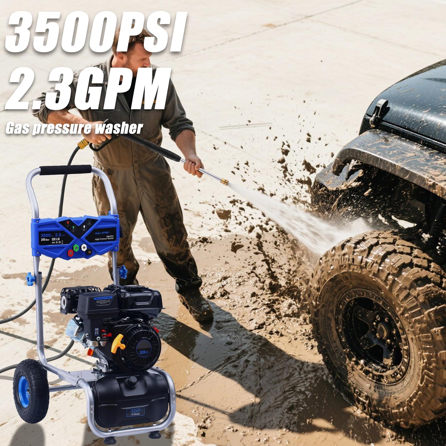 MUTAOMAY 3500PSI Gas Pressure Washer, 2.3GPM Gas Powered High Pressure Washer with 209CC Engine, 4 Adjustable Nozzles, 25 ft High Pressure Hose for Cleaning Walls, Terraces, Vehicles, Garden (Blue)