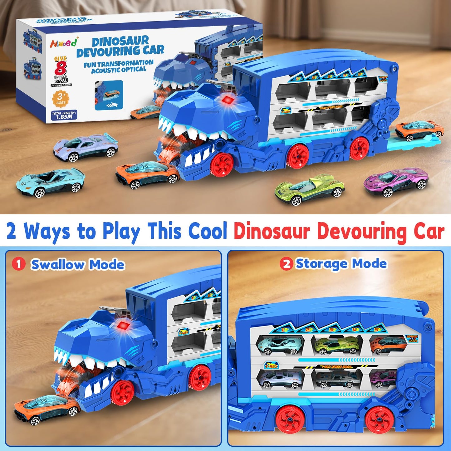 Dinosaur Transport Car Race Track Toy Set for Kids - Monster Carrier Truck Toys for Age 3 4 5 6 7 8 9 10 11 12 Years Old Boy Christmas Birthday Gifts with Die-Cast Metal Toy Cars, Light & Sound