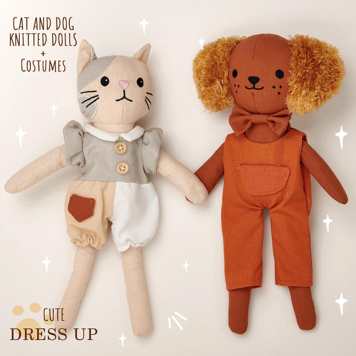 Golray Portable Dress Up Plush Doll Set with Storage Case, Cat & Dog Stuffed Animal Toys, Doll Clothes with Wooden Hangers & Suitcase Wardrobe Travel-Ready Toy Organizer, Gifts for Girls Ages 3+