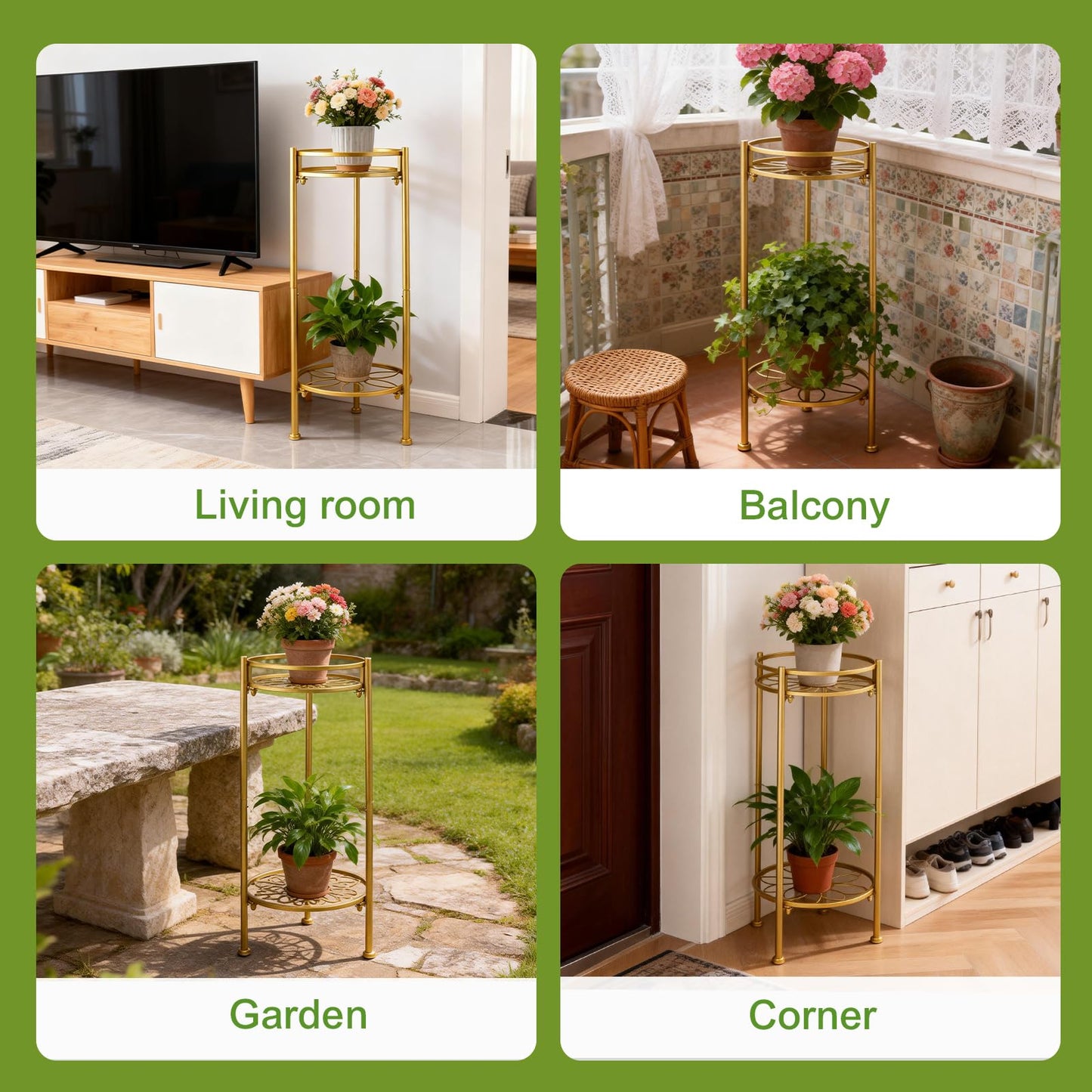 2 Tier Metal Plant Stand, Sturdy Heavy Duty Adjustable Two Tier Flower Pot Holder for Indoor Outdoor, Small Spaces, Balcony, Kitchen, Living Room, Patio - Tall Plant Shelf for Succulents, Heavy Pots, Potted Herbs (Gold)