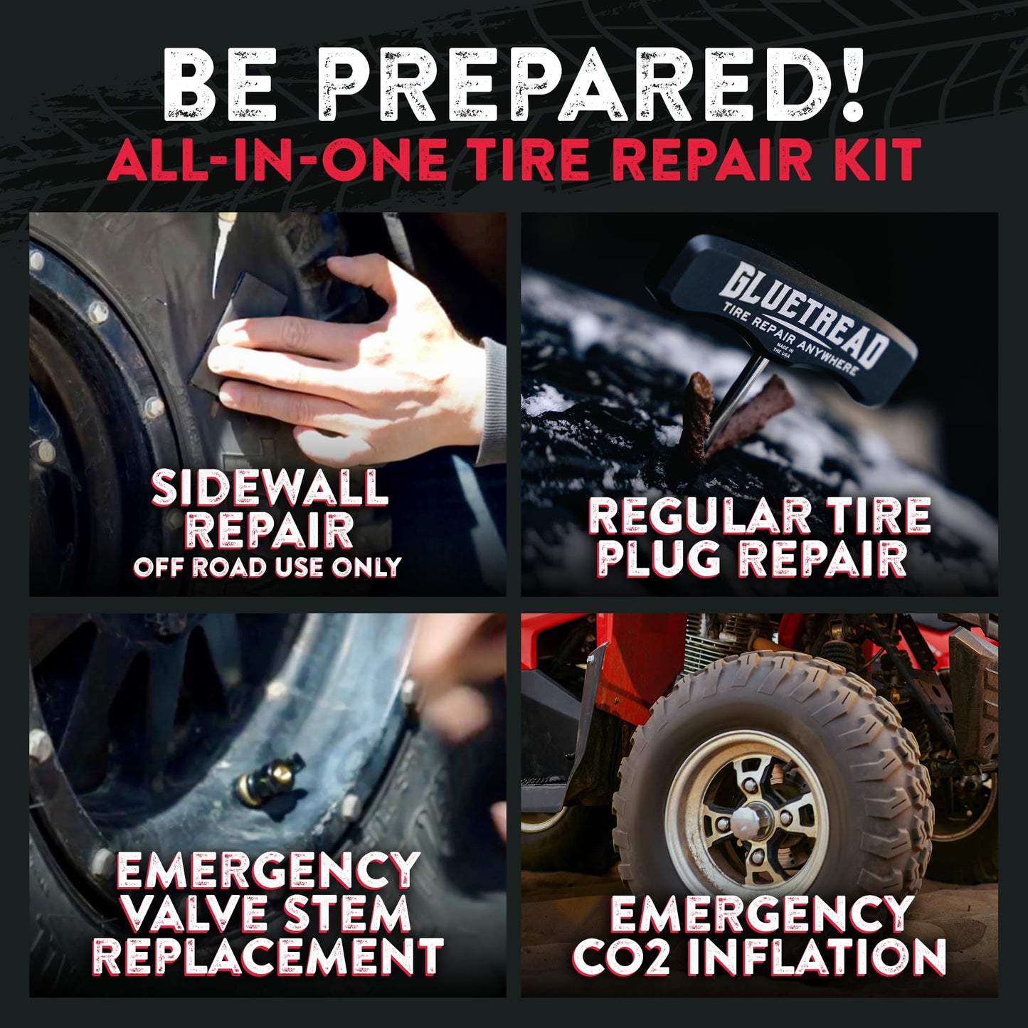 GlueTread ATV Tire Repair Kit Complete Off-Road Tire Patch Kit - Includes Glue Tread Sidewall Repair Patches, Colby Emergency Valve, Plug Kits (12 Plugs), T Handles and 4 CO2 Cartridges - Heavy Duty