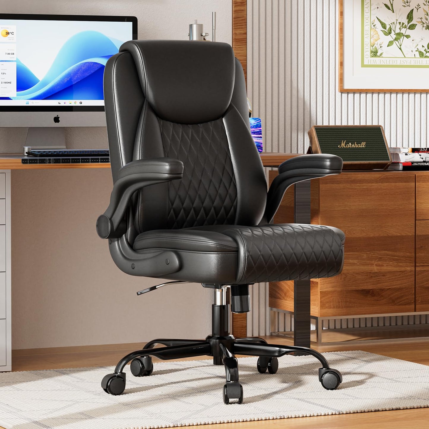GTPLAYER Leather Office Chair 400lbs, Home Desk Chair with Flip-up Arms and Ergonomic Back - Comfy Heavy Duty Executive Chair for Home Office Gaming, Black