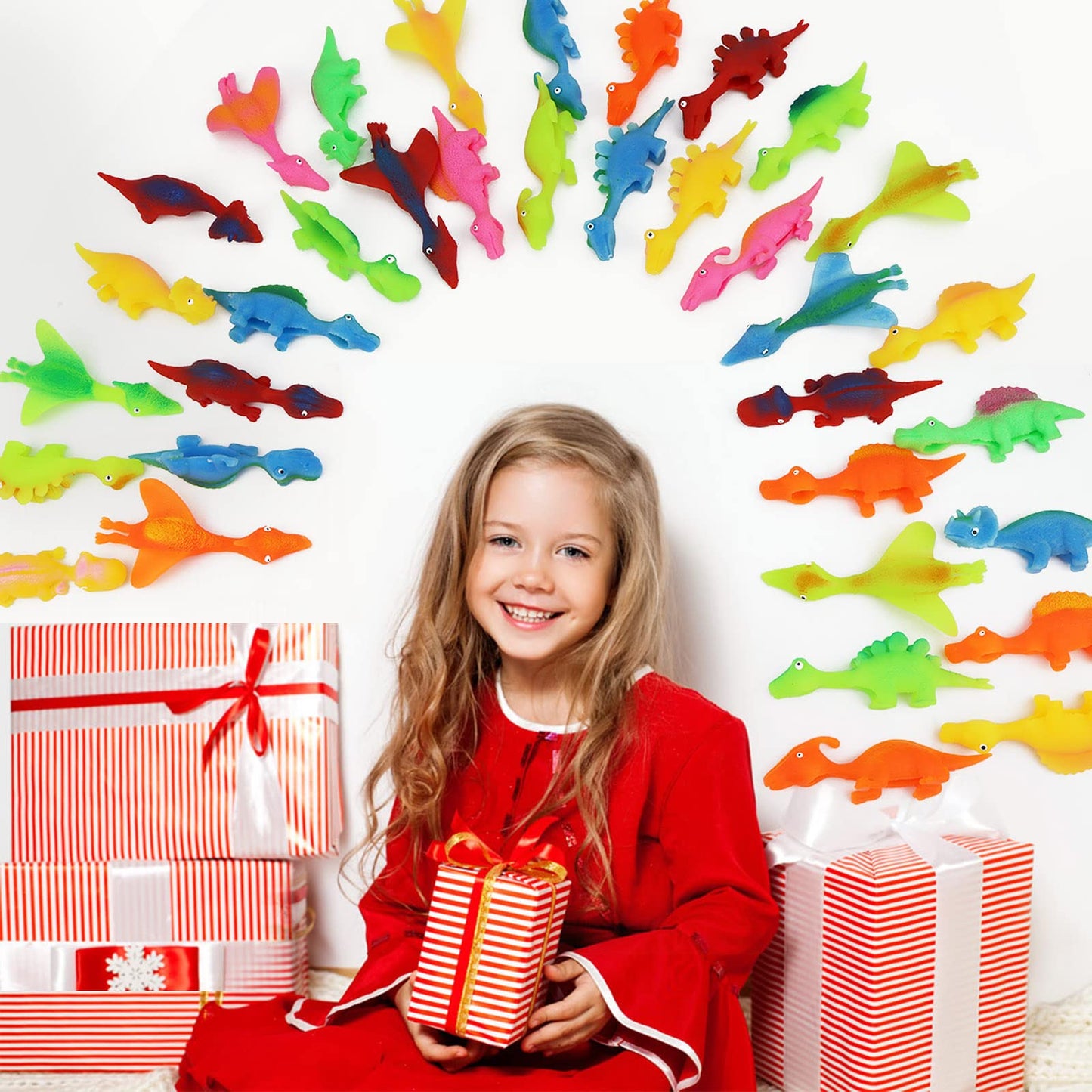 Pushmick 30 Pcs Slingshot Dinosaur Finger Toys, catapult toys as fun as slingshot chicken, cute shapes, more colors, Great for Flying Games and Party Favors.