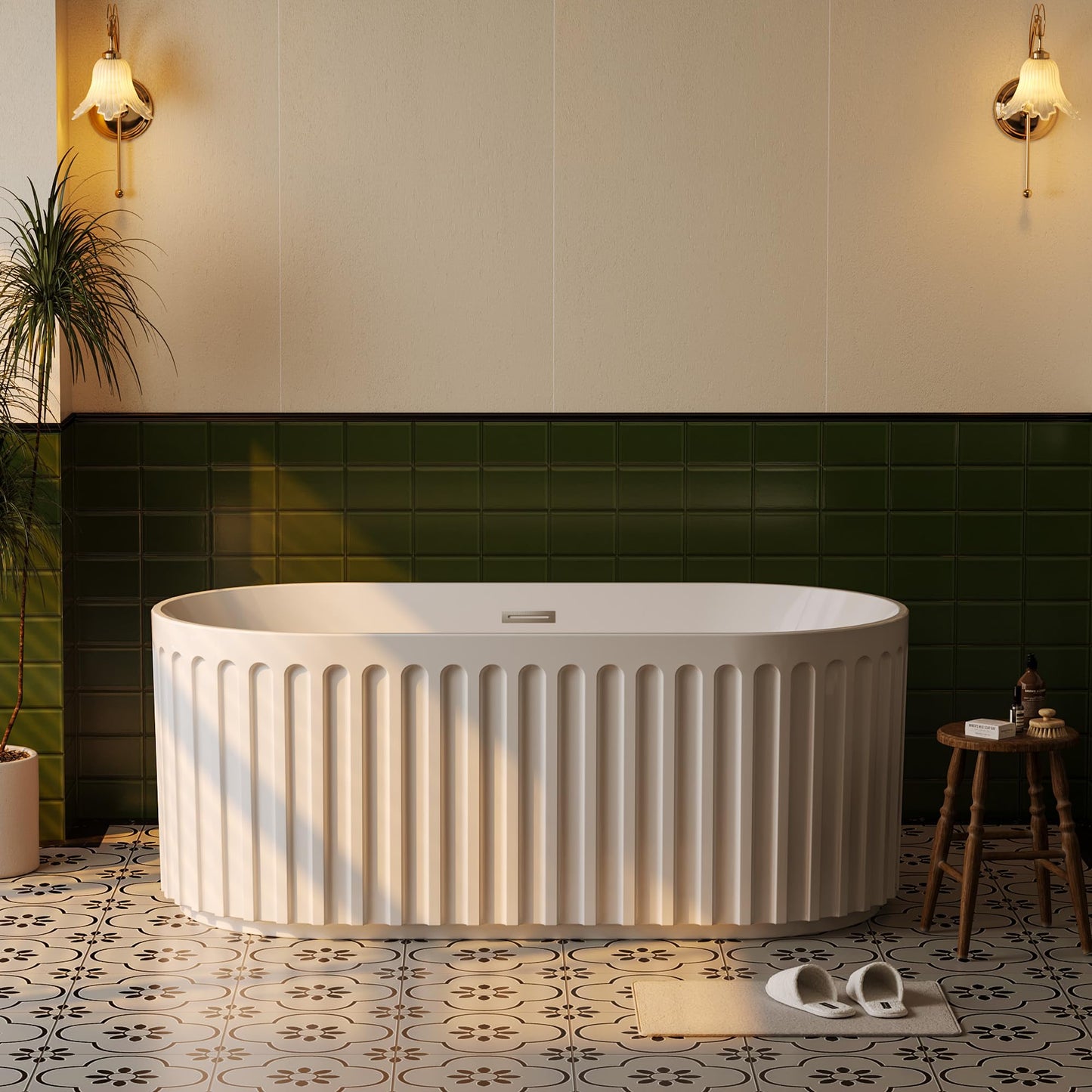 59" Modern V-Shape Freestanding Bathtub - Gloss White Acrylic Soaker with Pleated Design, Chrome Drain & Overflow,Cupc Certified,Gloss White