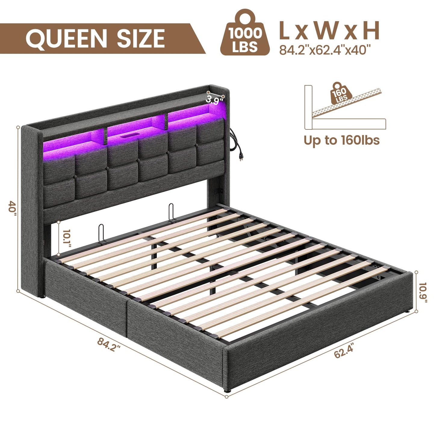 Driftalia Lift Up Queen Bed Frame with Storage, Upholstered Bed Frame Queen Size with LED Lights Headboard and Charging Station, No Box Spring Needed, Easy Assembly - Dark Grey