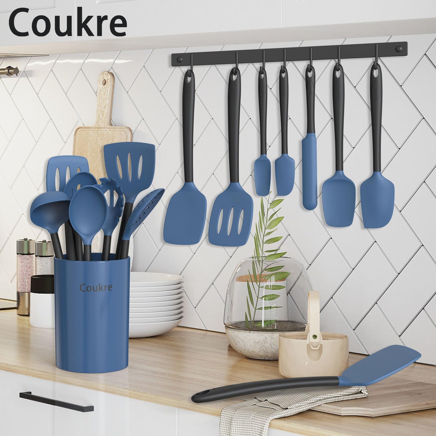 Coukre Silicone Kitchen Cooking Utensils Set with Holder – Heat-Resistant, Food-Grade Kitchen Tools, Spatula, Spoon & Gadgets for Non-Stick Pans, Dishwasher Safe (14, DarkBlue)