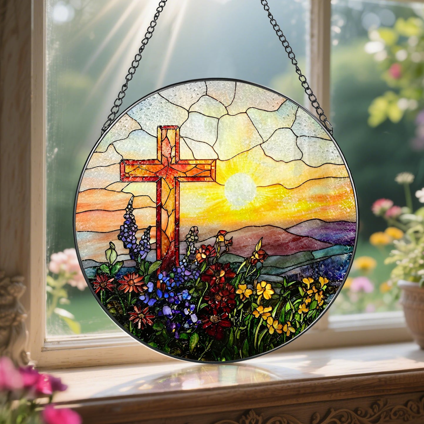 8 Inch Cross Sunset Suncatchers for Windows Hanging, Indoor Decor 8 Inch, Stained Glass Gift, Christian Gifts, Religious Gifts, Christian Cross, Christmas Jesus Gift, Window Decor