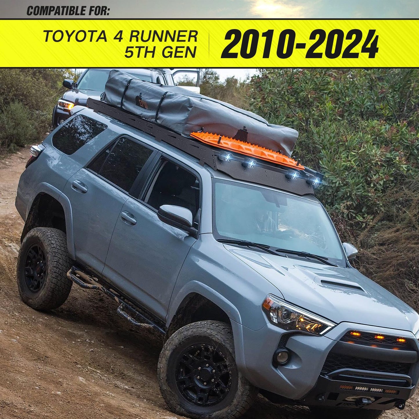 YZONA Full Size Roof Rack Cargo Basket Compatible with 2010-2024 Toyota 4Runner 5th Gen with 4 Lights, Overland Rooftop Luggage Storage Holder, Platform Style Cargo Carrier for Outdoors Gear