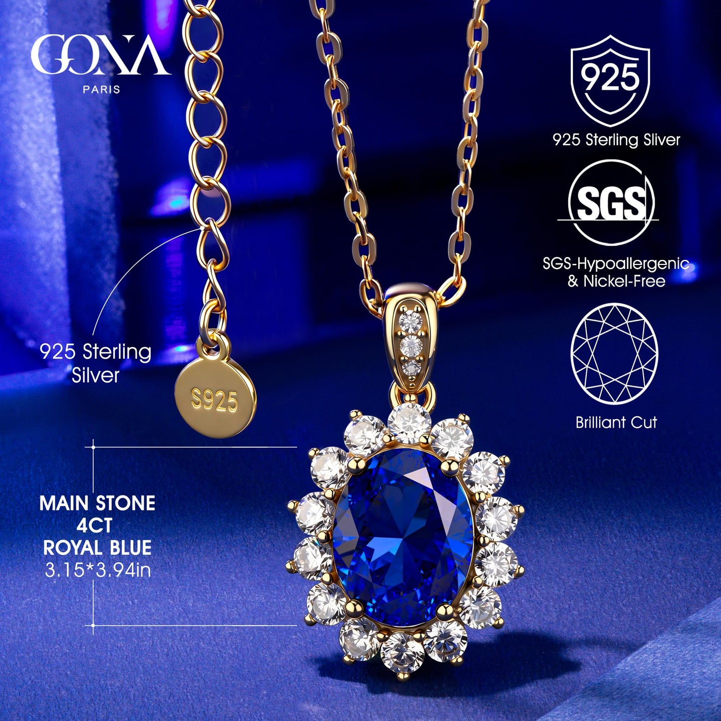 GONA 4CT Royal Blue Lab Grown Sapphire Jewelry Bundle (Necklace + Ring), Princess Diana Inspired Design, September Birthstone,GRC Certified, Hypoallergenic Eco‑Friendly,Ideal Mother’s Day & Annivers