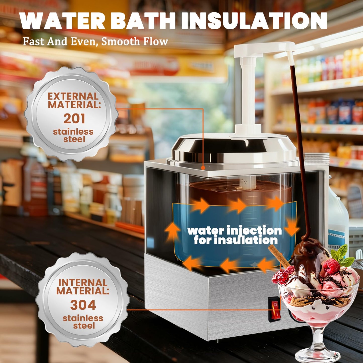 Nacho Cheese Dispenser 4.7Qt Nacho Cheese Warmer Commercial Hot Fudge Dispenser for for Cheese Caramel, with 2 Pumps and 8 Stickers
