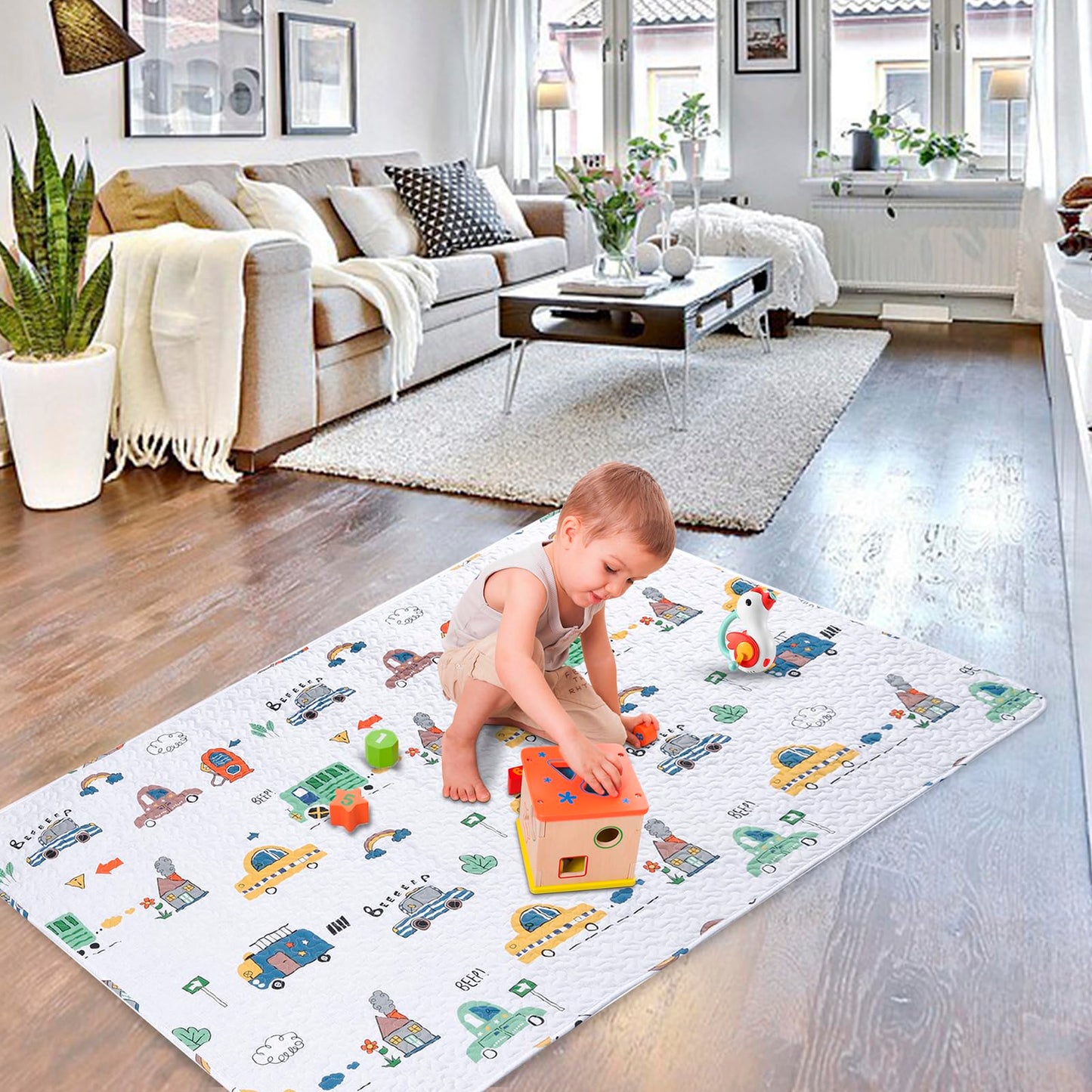 MIIMER Washable Baby Play Mat for Babies 63x43” Portable, Foldable Toddler Playpen Non-Slip Baby Tummy Time Mat, Soft Floor Play for Infants Extra Large Crawling Mats Car