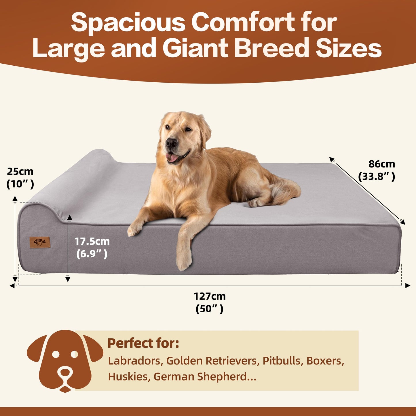 Sytopia XXL 35D Memory Foam Dog Bed for Extra Large Dogs – 7" Thick Orthopedic Pet Couch for Seniors and Big Breeds up to 150 Pounds, with Water-Resistant Liner & Washable Cover – Grey