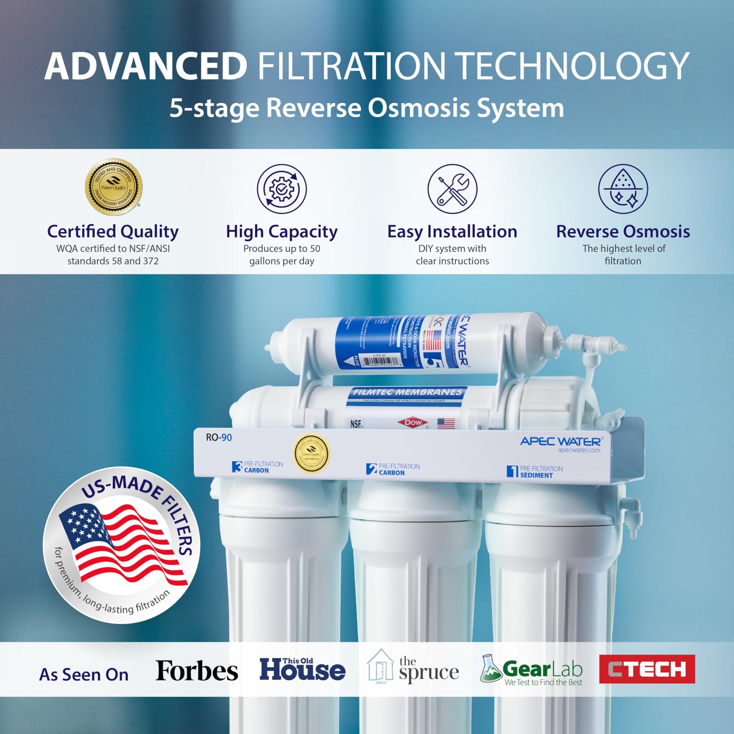 APEC Water Systems RO-90 Ultimate Series Top Tier Supreme Certified High Output 90 GPD Ultra Safe Reverse Osmosis Drinking Water Filter System, Chrome Faucet