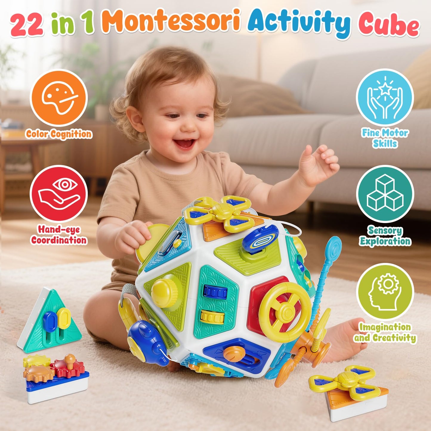 22-in-1 Baby Busy Board Activity Cube Toys, Montessori Toy for 1 Year Old Toddlers, Educational Learning Sensory Travel Toys for Infant 6-12 12-18 Months, 1st Baby Birthday Gifts for Boys Girls