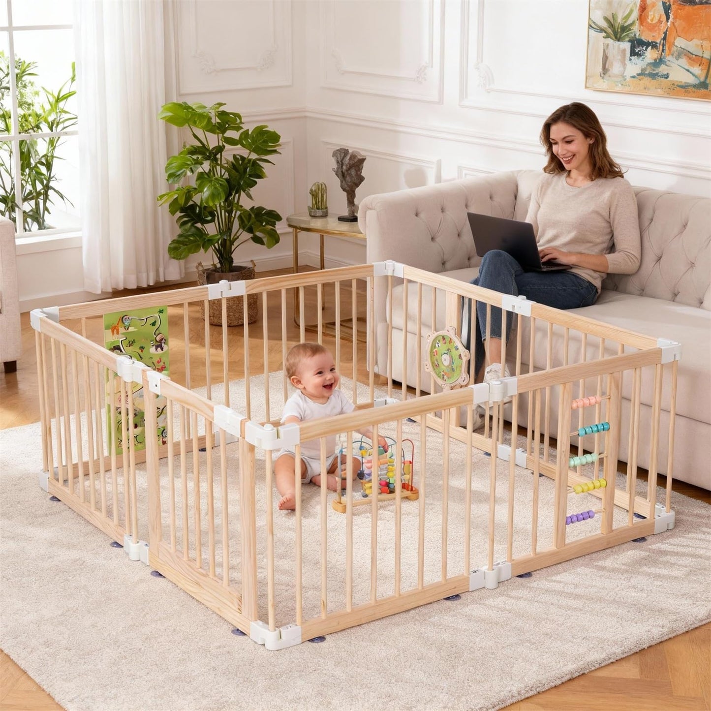 Wooden Baby Playpen, Large Foldable Play Yard for Babies and Toddlers, 57"x57"x24" Montessori Play Fence with Activity Center,Easy Fold & Safety Gate for Indoor Play Area