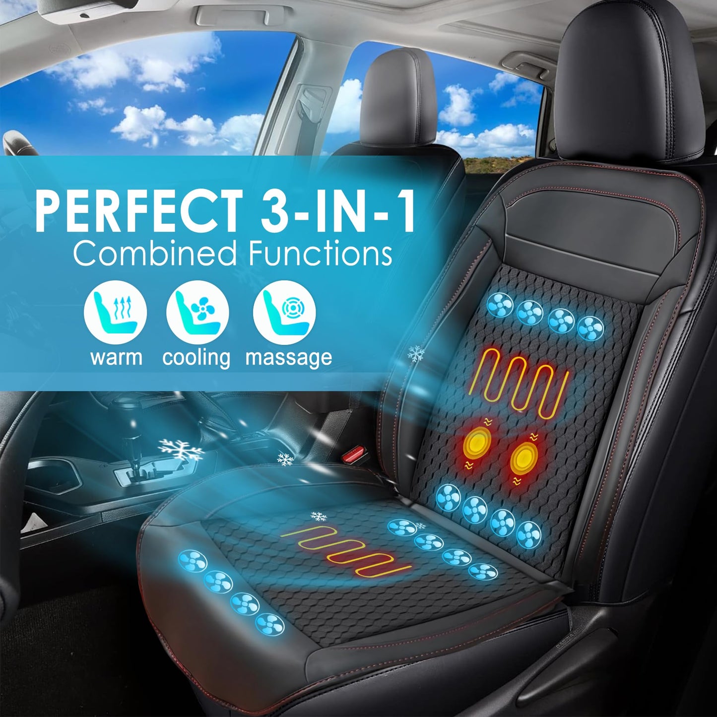 12V Cooling Car Seat Cover Front Seat, Ventilated Warm Cooling Car Seat Cushion with Massage, 16 Fans Seat Cooler, AC Cooling Seat Cover for Car, 1PCS (Black, Warm Cooling Massage)