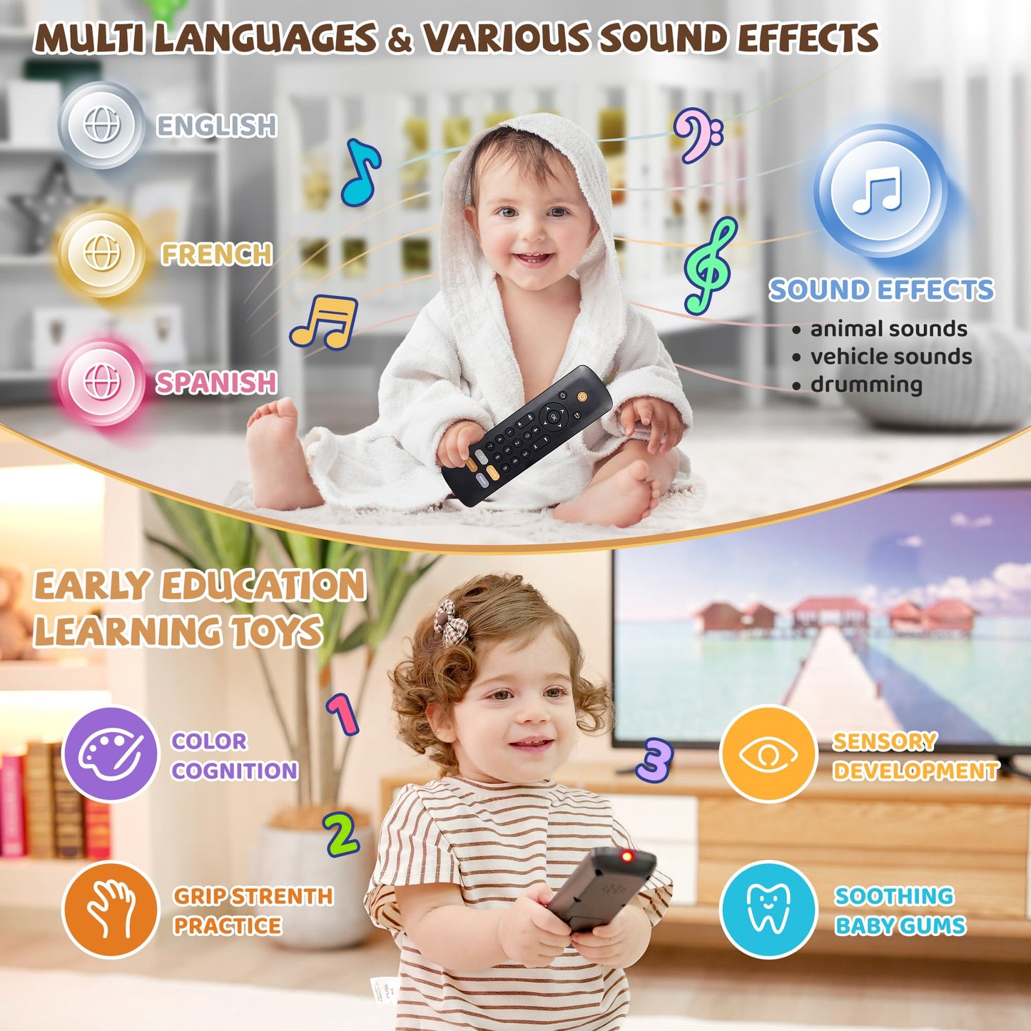 Baby TV Remote Toy with Lights & Sounds - Interactive Learning Toy (3 Languages: English/Spanish/French), 50+ Musical Sounds, Realistic Design - Perfect 1 Year Old Gift for Boys & Girls (Black)