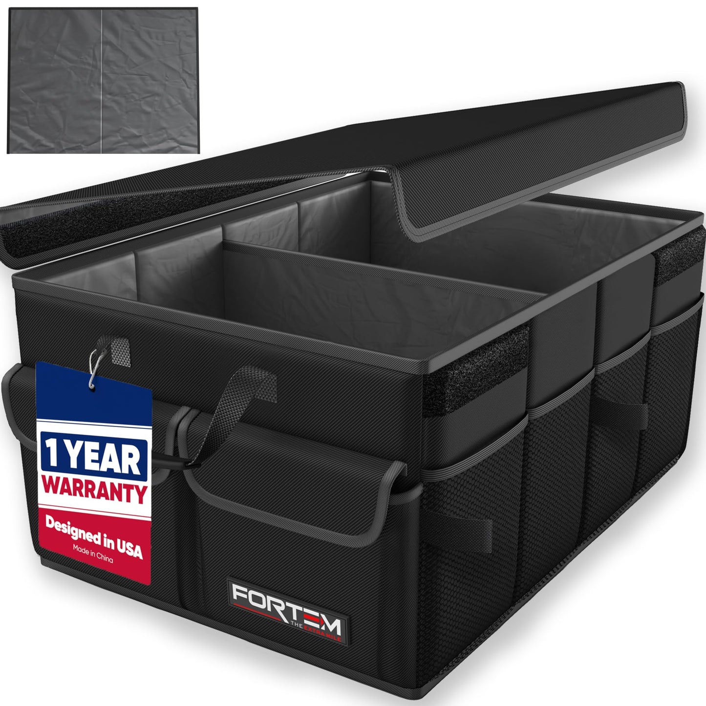 FORTEM Car Trunk Organizer, Collapsible Multi Compartment SUV Organizer, Foldable Storage for Car Accessories for Women Men, 600D Oxford, Non Slip Bottom, Securing Straps, Soft Cover (50L)