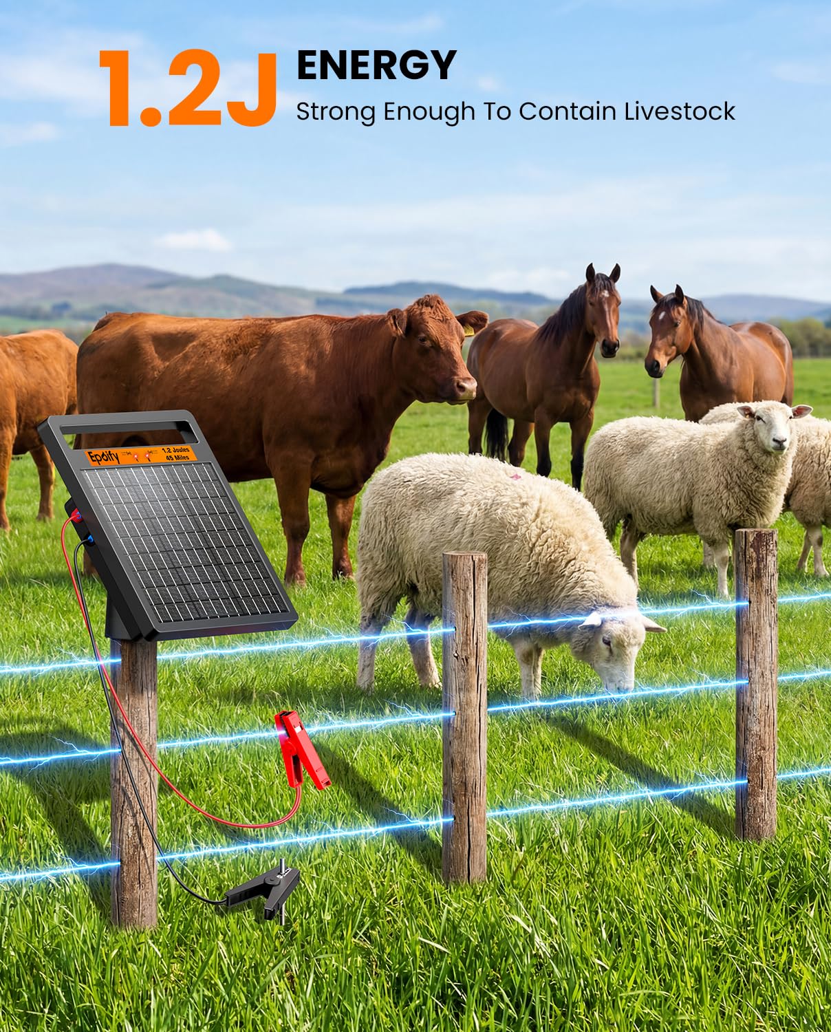 Solar Electric Fence Charger 1.2J Stored Energy, 45 Miles Coverage,8W Solar Fence Energizer with 10000mAh Battery,7–11kV Output, Smart Alarm, All-Weather Fence Charger for Cattle, Horses & Farms