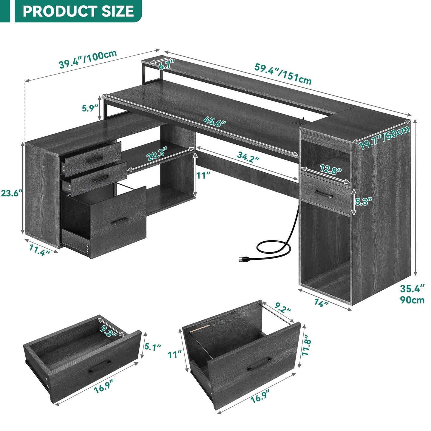 YITAHOME L Shaped Desk with Drawers, 59" Corner Computer Desk with Power Outlets & LED Lights, Farmhouse Wood L-Shaped Desk with File Cabinet, Printer Stand, Host Stand for Home Office, Grey