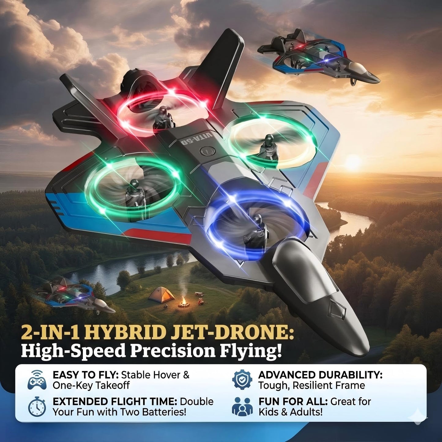 BEACONDESI RC F35 Fighter Drone for Kids, Remote Control Airplane with Altitude Hold, RC Jet Drone Toy with LED Lights, Easy to Fly RC Airplane for Beginners Boys Girls Green