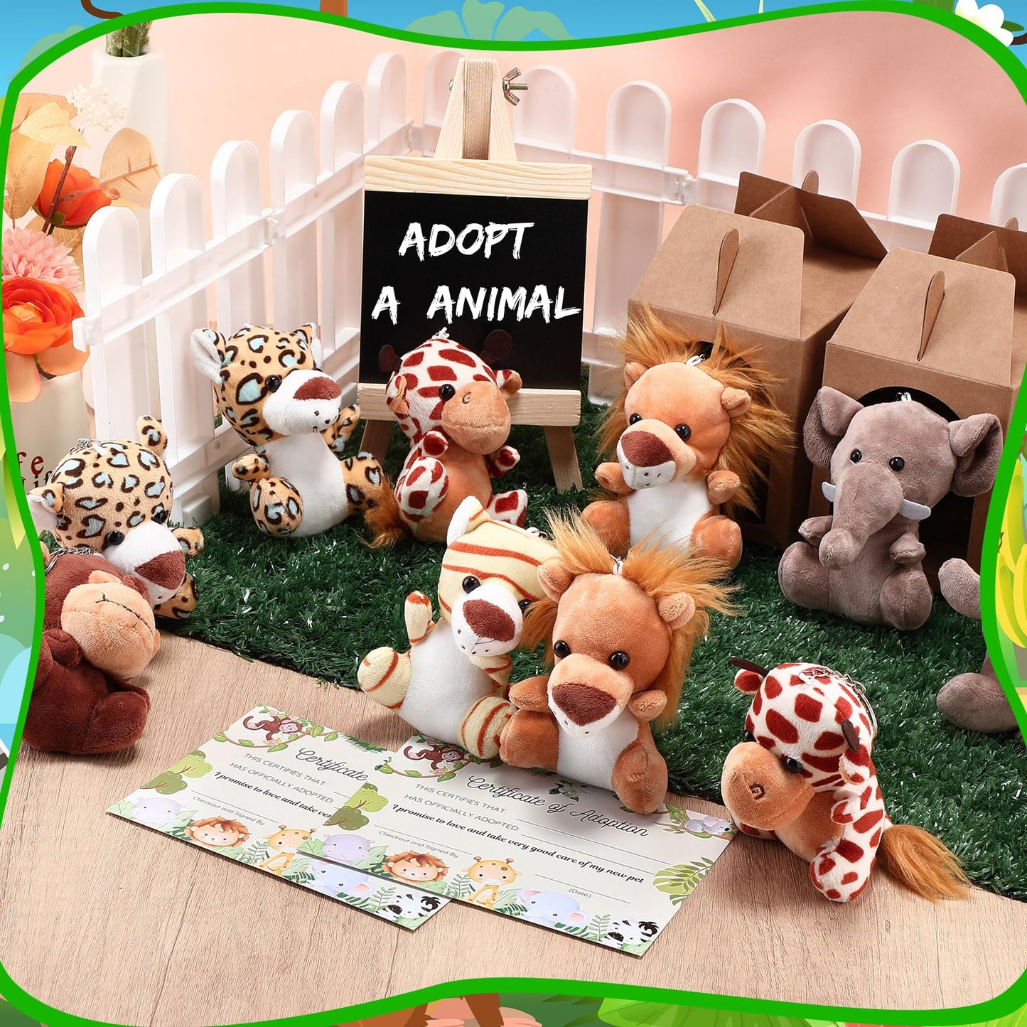 Blueweenly 84 Pcs Adopt a Pet Party Supplies 24 Mini Animals 10 White Plastic Fence 24 Paper Gift Boxes 24 Adoption Cards with Mini Chalkboard and Artificial Lawn(Safari Animals)