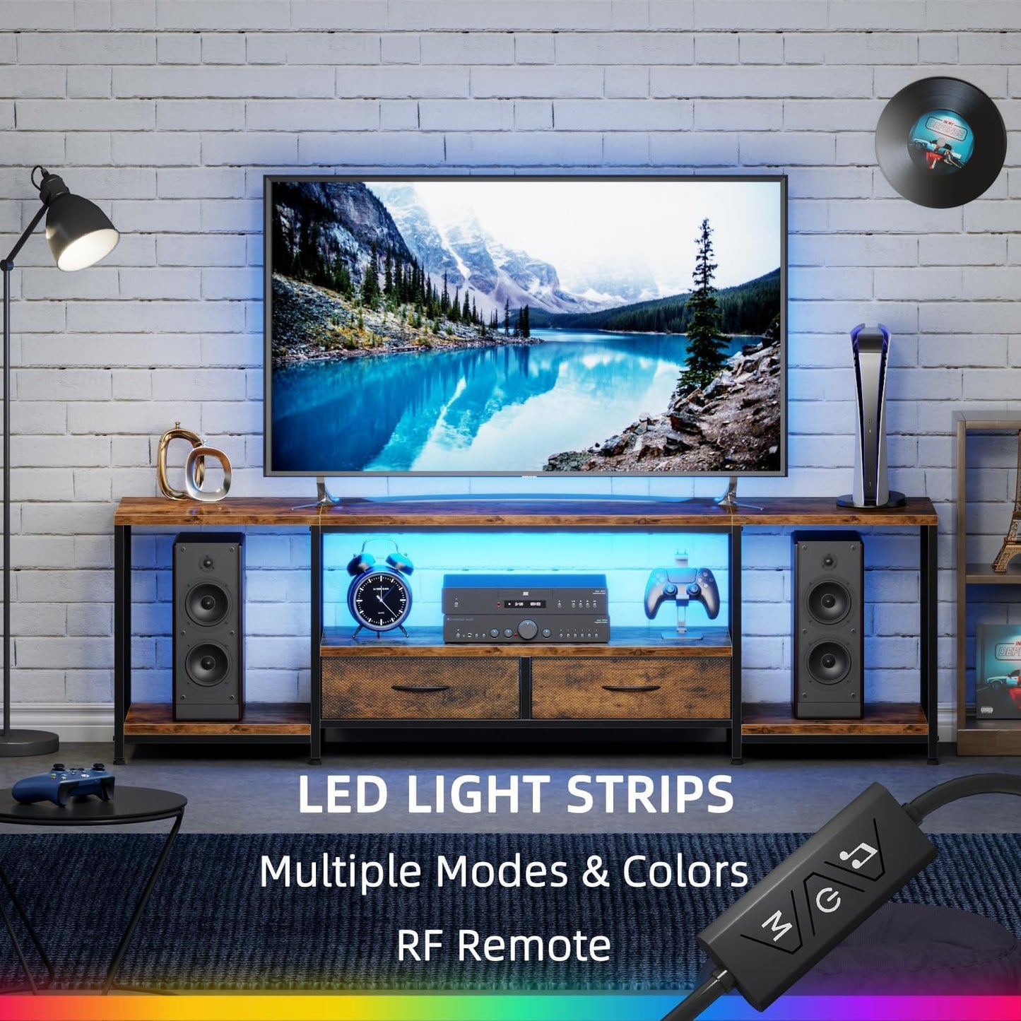 LED TV Stand for 75 70 Inch TV with Fabric Drawers LED Entertainment Center Television Stands with Storage Shelves for Living Room, Bedroom, TV Console Table 63" Rustic Brown