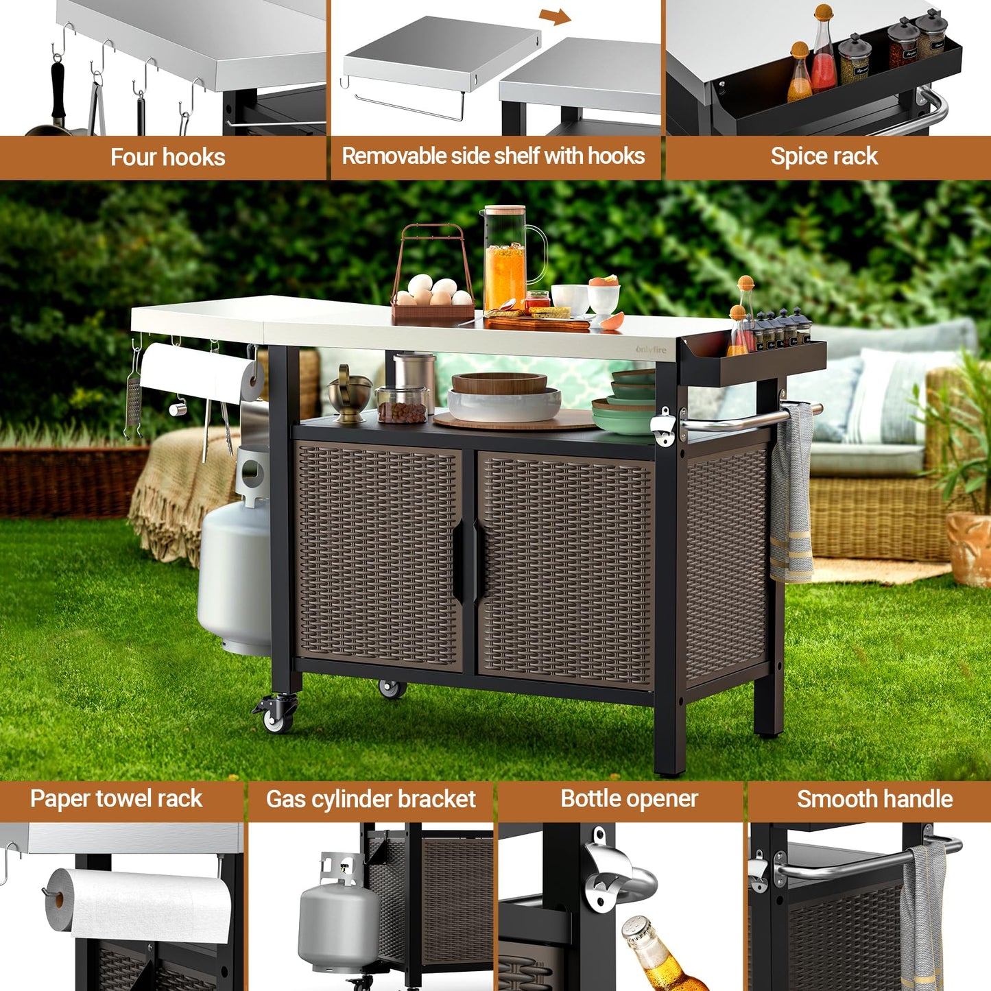 onlyfire 53-Inch Dining Cart Table Storage Cabinet with XL Stainless Steel Countertop, Rolling Kitchen Island Worktable with Side Shelf and Wheels for Indoor Outdoor