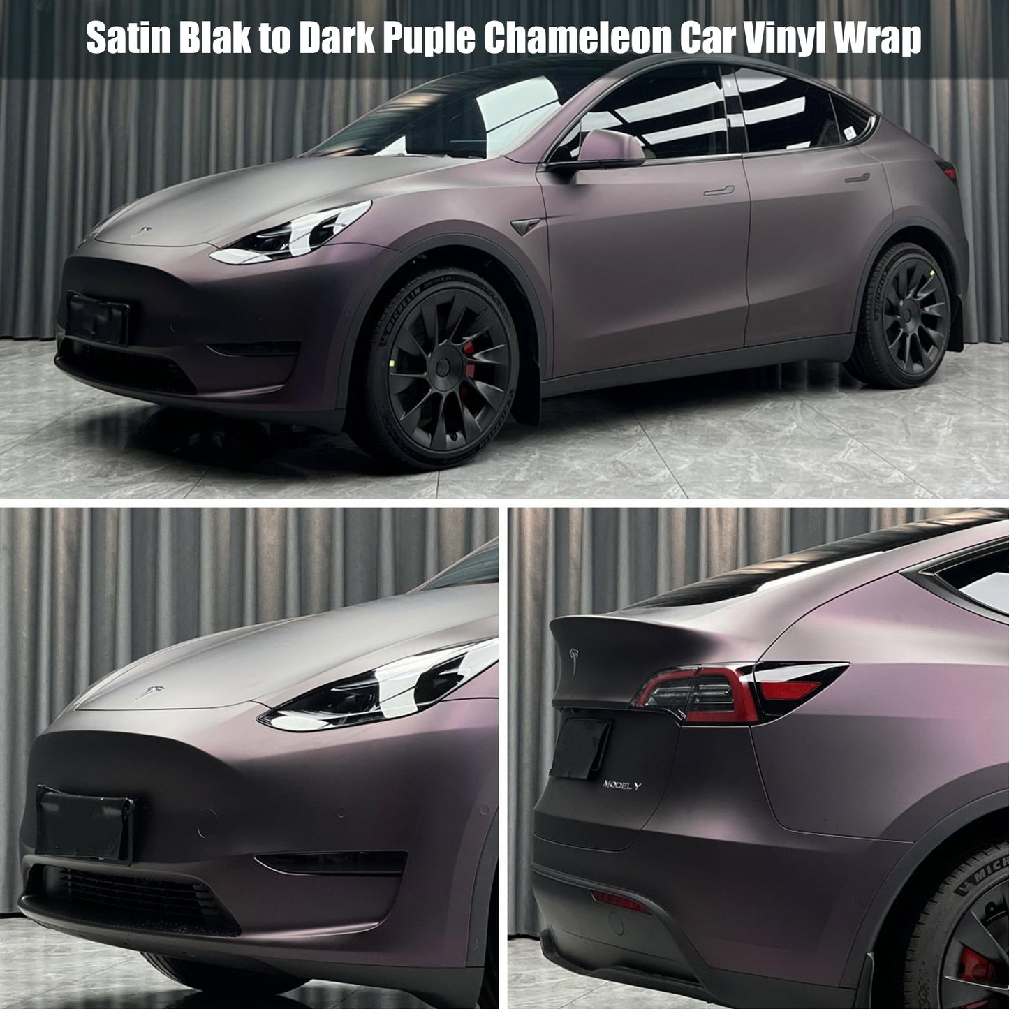 AuMoHall Matte Metallic Black to Charming Dark Purple Satin Chameleon Vinyl Wrap Color Change DIY Vehicle Vinyl Film, 59.84'' x 196.85''