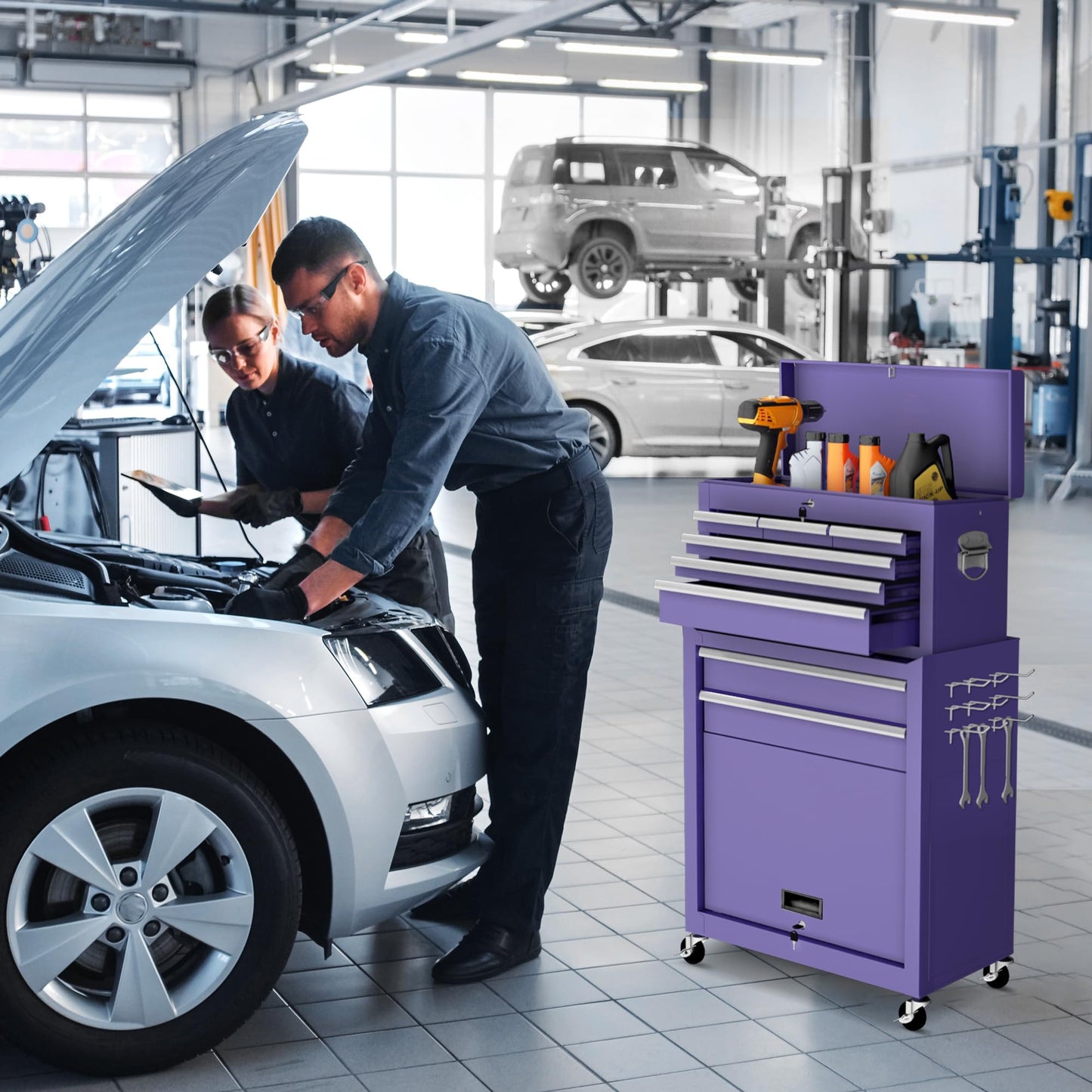 Greenvelly Metal Tool Chest,8-Drawer Rolling Tool Chest with Wheels,Tool Cabinet with Wheels,2 in 1 Detachable Tool Cabinet,Liners and Locking System for Warehouse, Garage,Workshop(Purple)